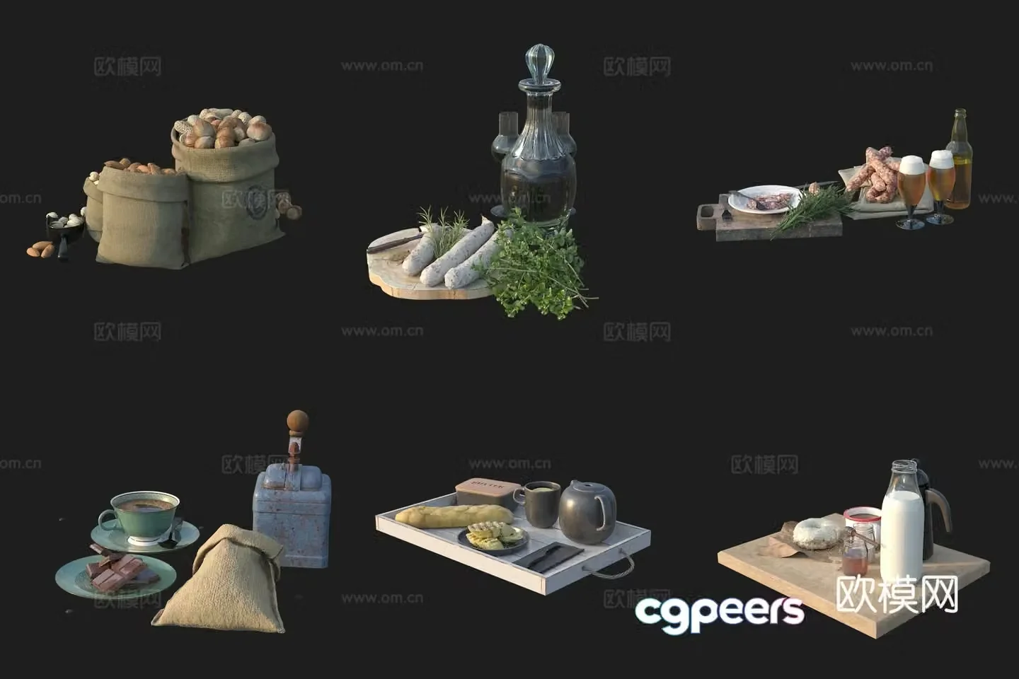 Table food ingredients nut bread sausage wine buffalo milk 3d model