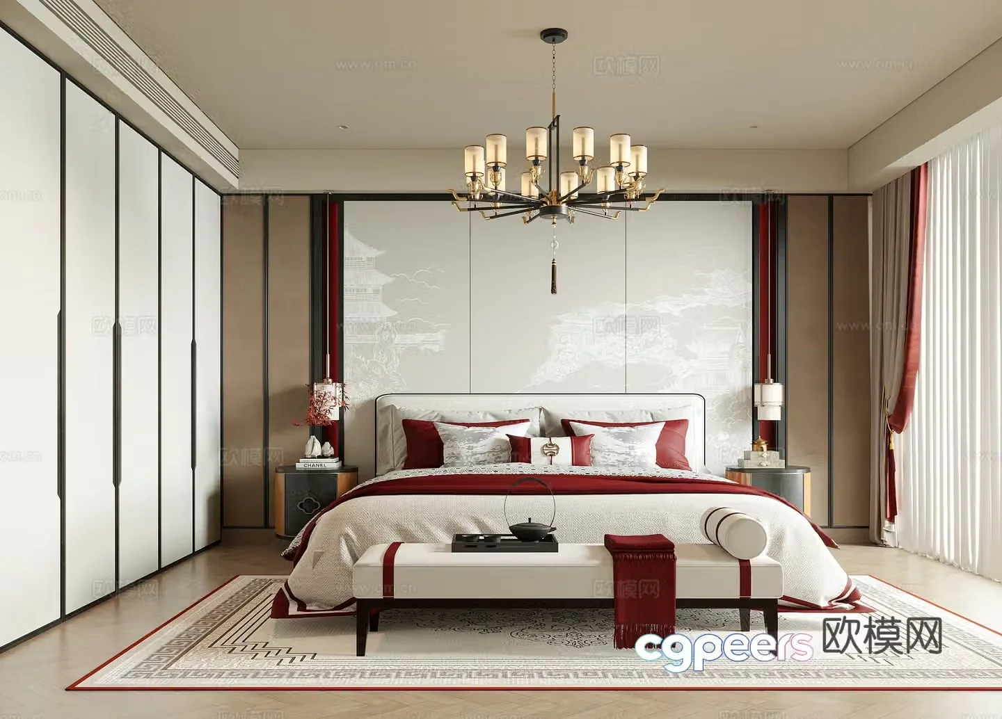 New Chinese style bedroom bedside stool new Chinese style chandelier bedside table 3D model
