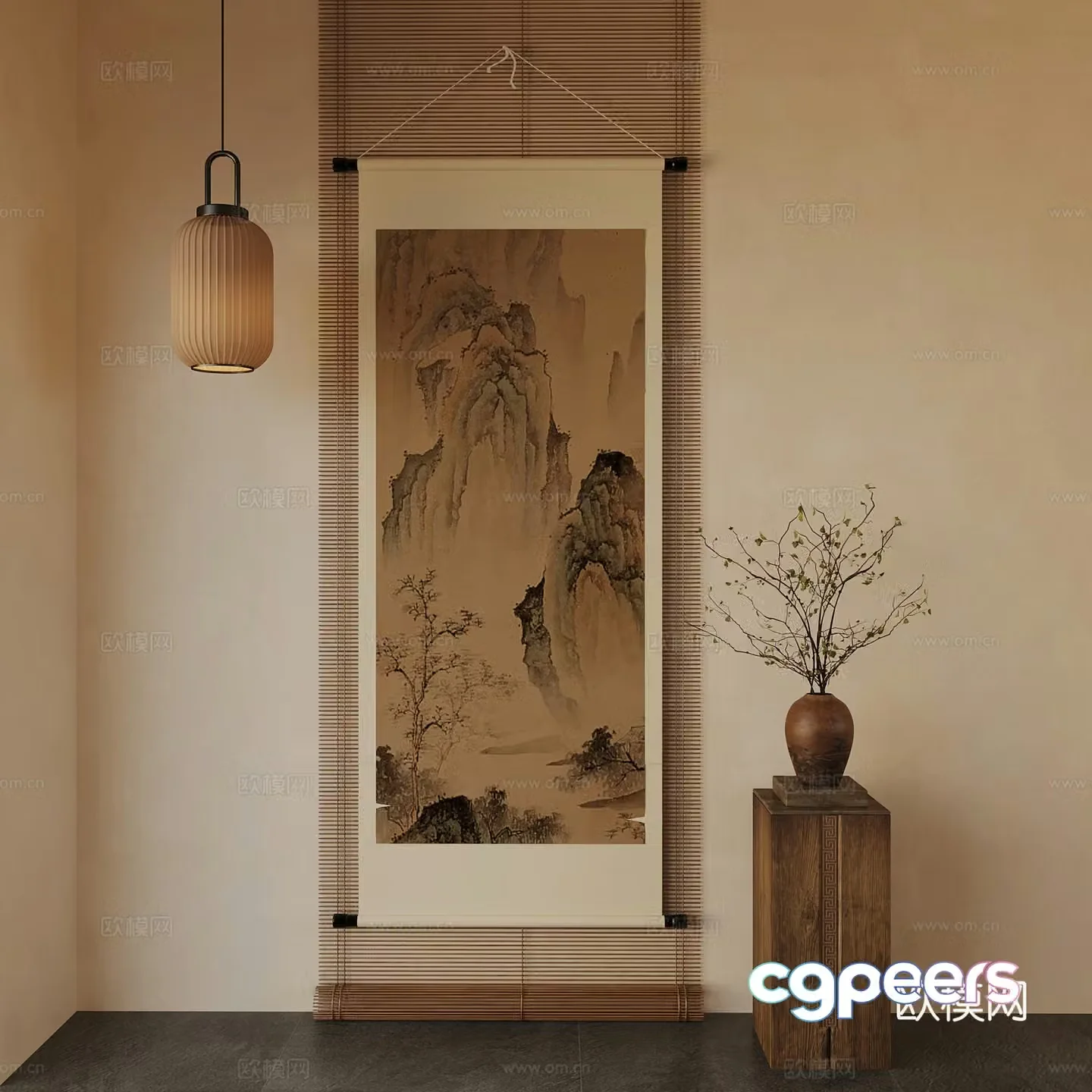 New Chinese style decorative paintings hanging paintings chandeliers vases 3d model