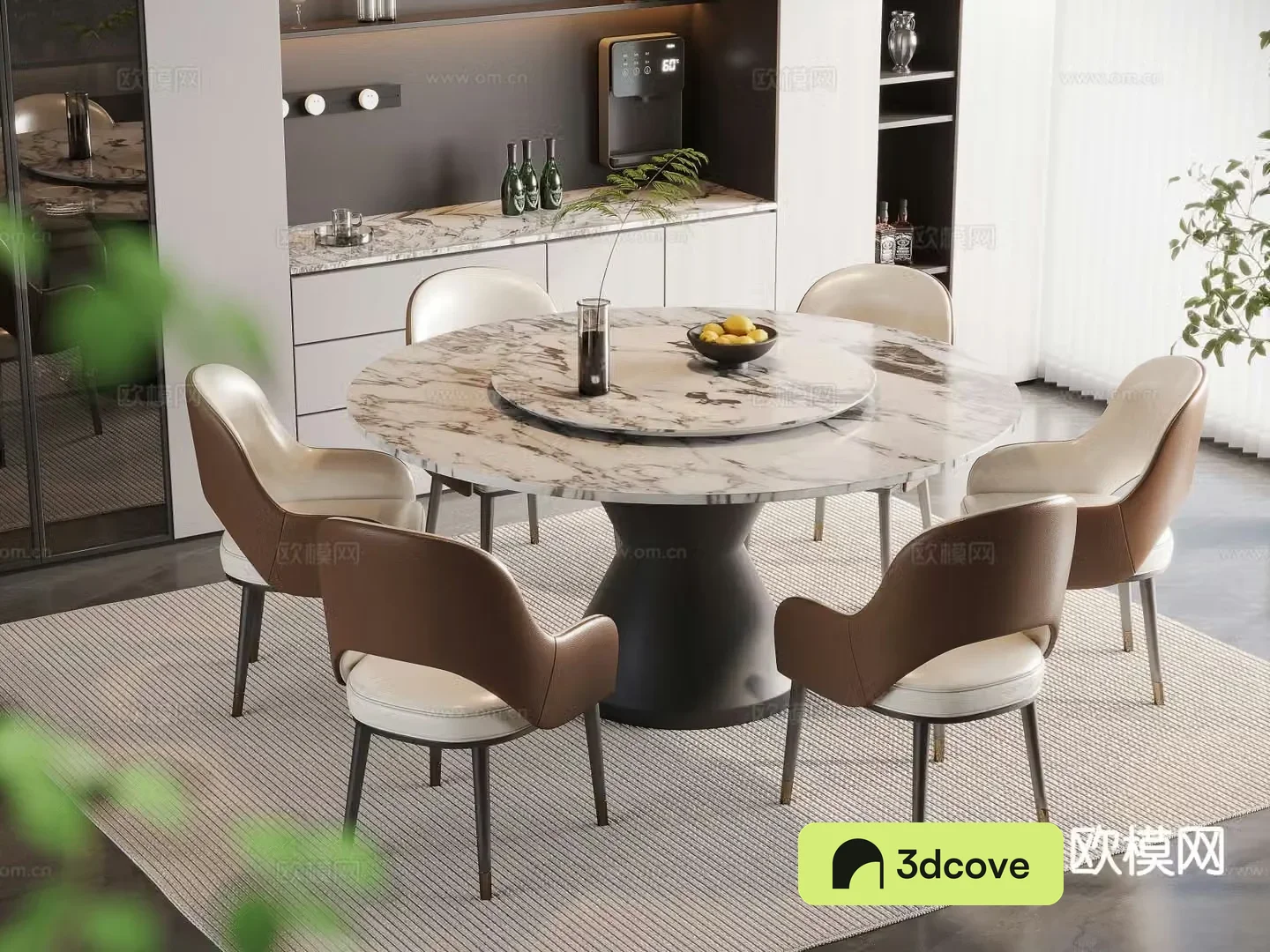 Simple dining table and chairs six-person round dining table
