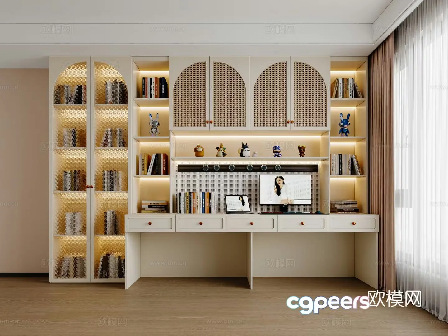 Creamy Wagli Salis Desk Computer Table Wall Cabinet Desk Bookcase Desk Finished Desk Customized Desk 3D Model