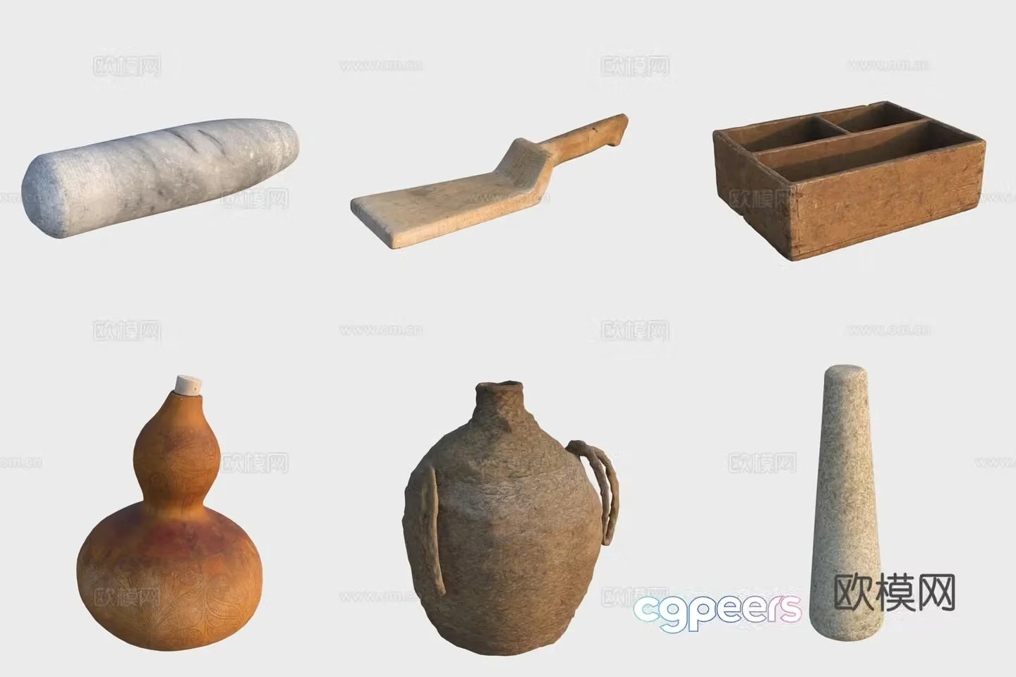 Ancient wooden products kitchen utensils stone mortar spatula gourd wine pot pot clay jar 3d model