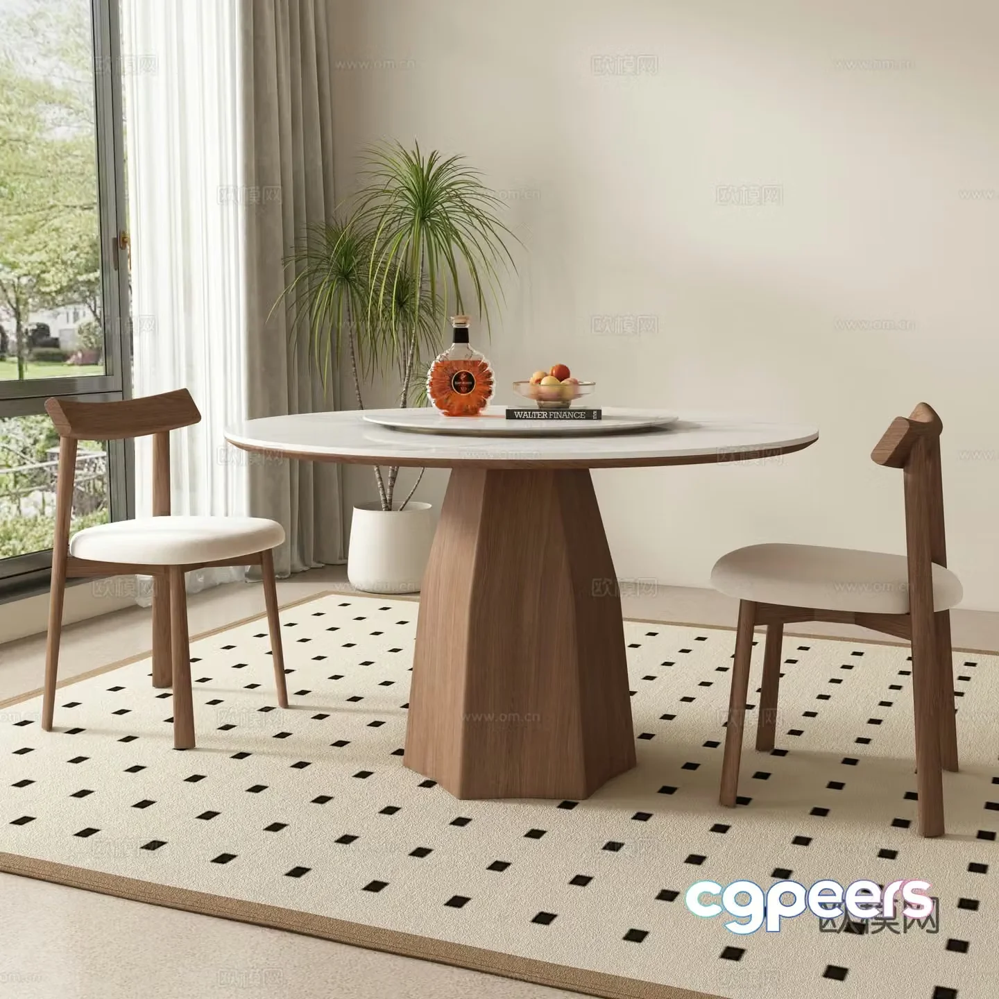 Medium style round dining table and chair 3D model