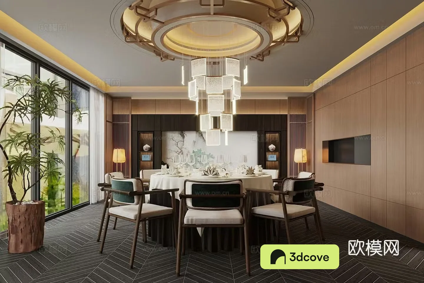 New Chinese-style private room Restaurant private room Dining table and chair combination Crystal chandelier