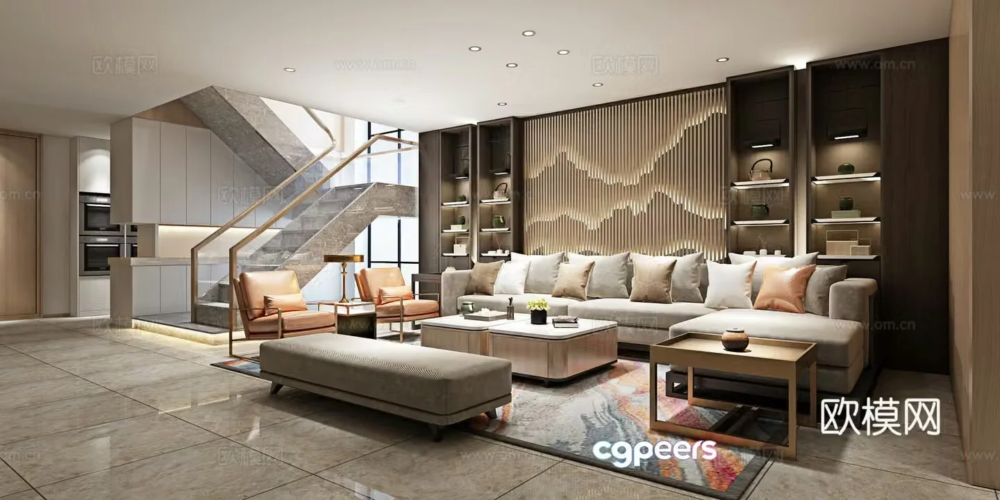 Modern living room sofa combination foot chair stairs background cabinet 3d model