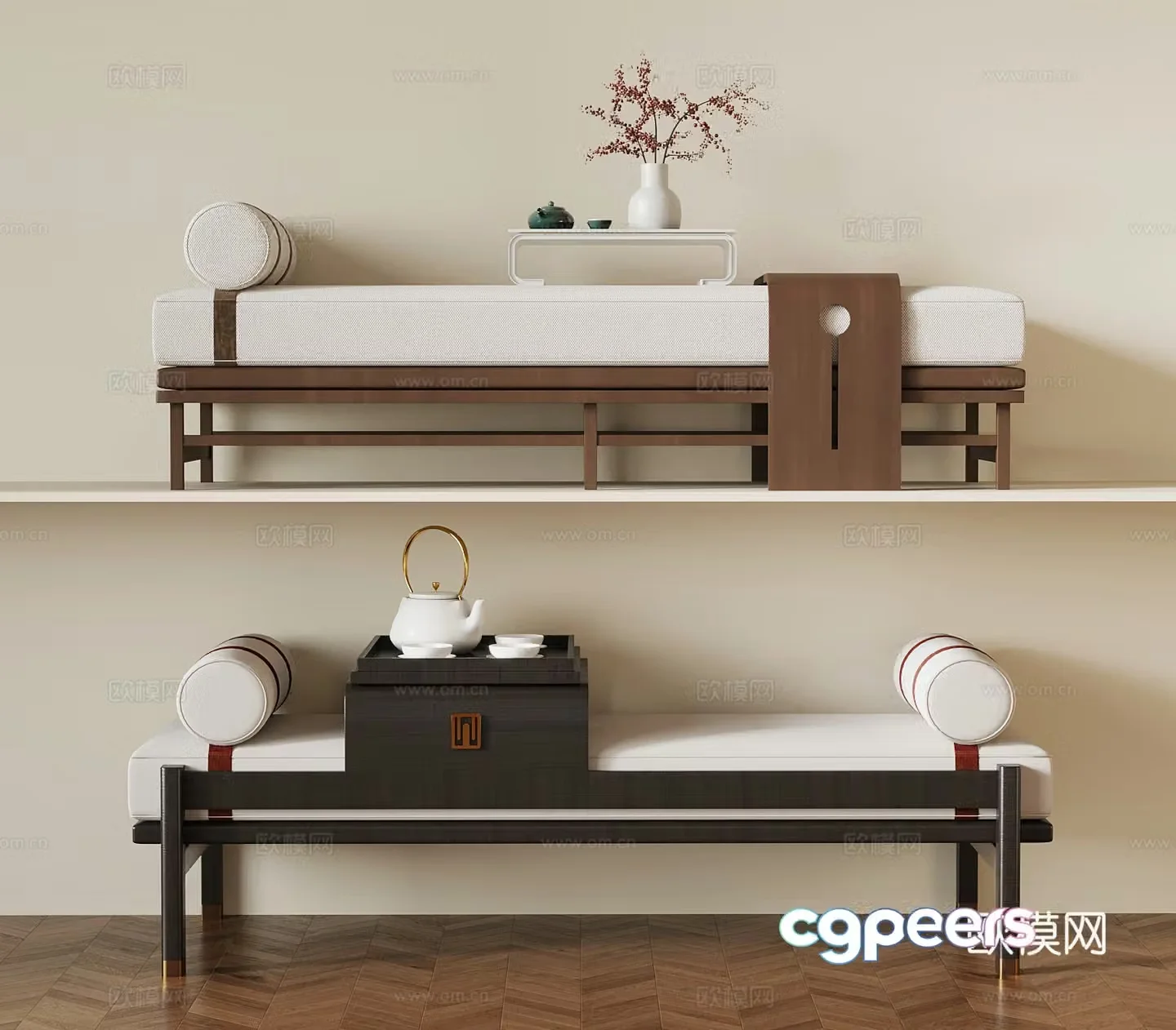 010 bed tail stool medieval style bed tail stool tea set ornaments 3D model