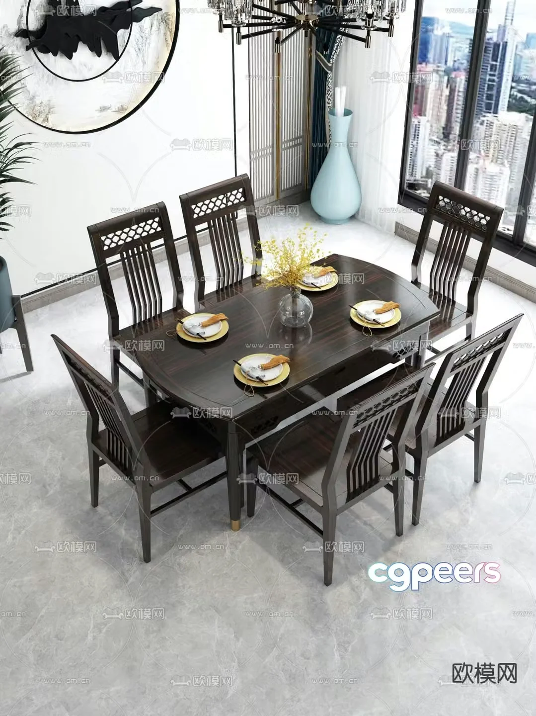 Chinese dining table and chairs mahogany dining table 3D model
