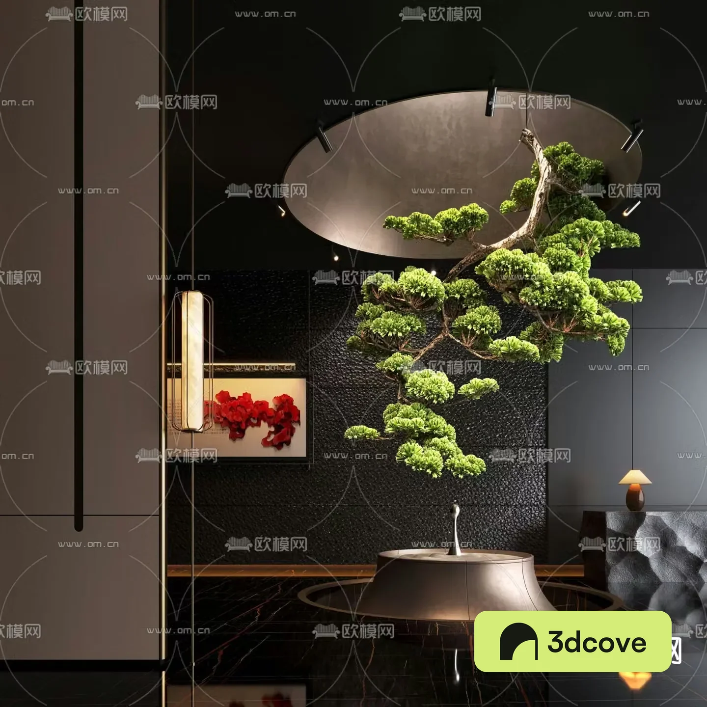 Modern interior landscape hanging plants lobby sketch