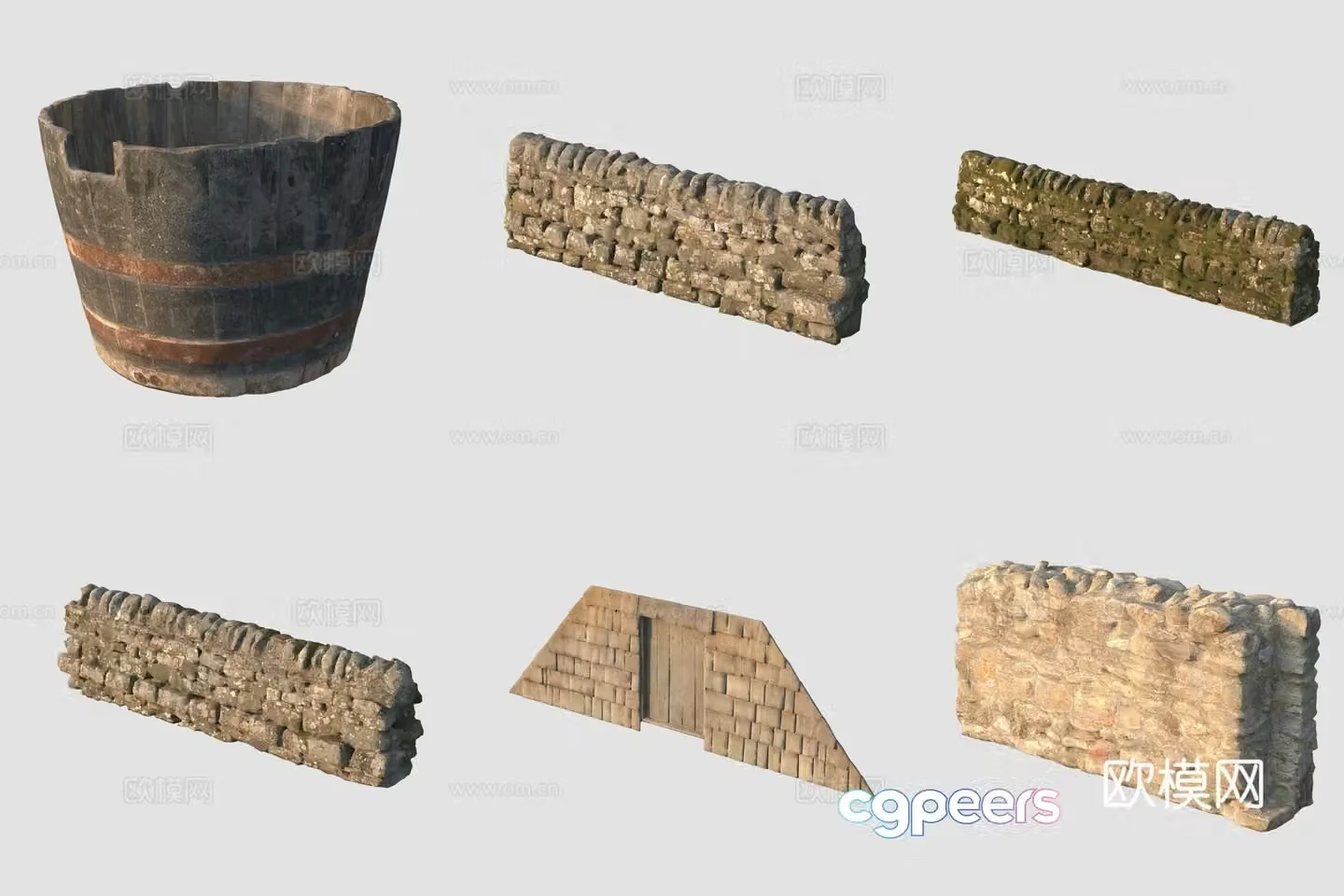 Ancient wooden barrel stone fence 3d model