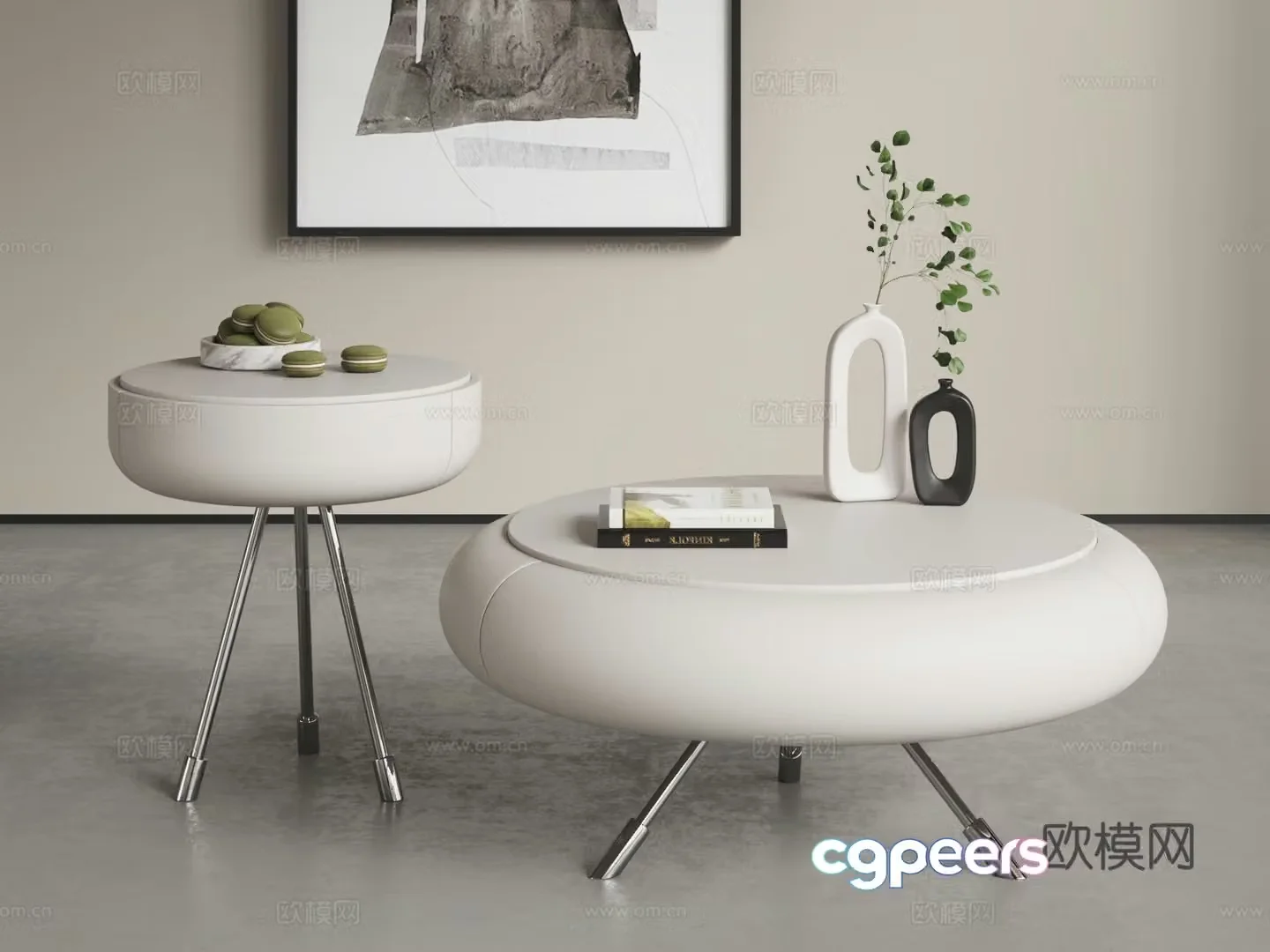 Creamy style tea table combination Modern round tea table combination Simple tea table combination 3D model