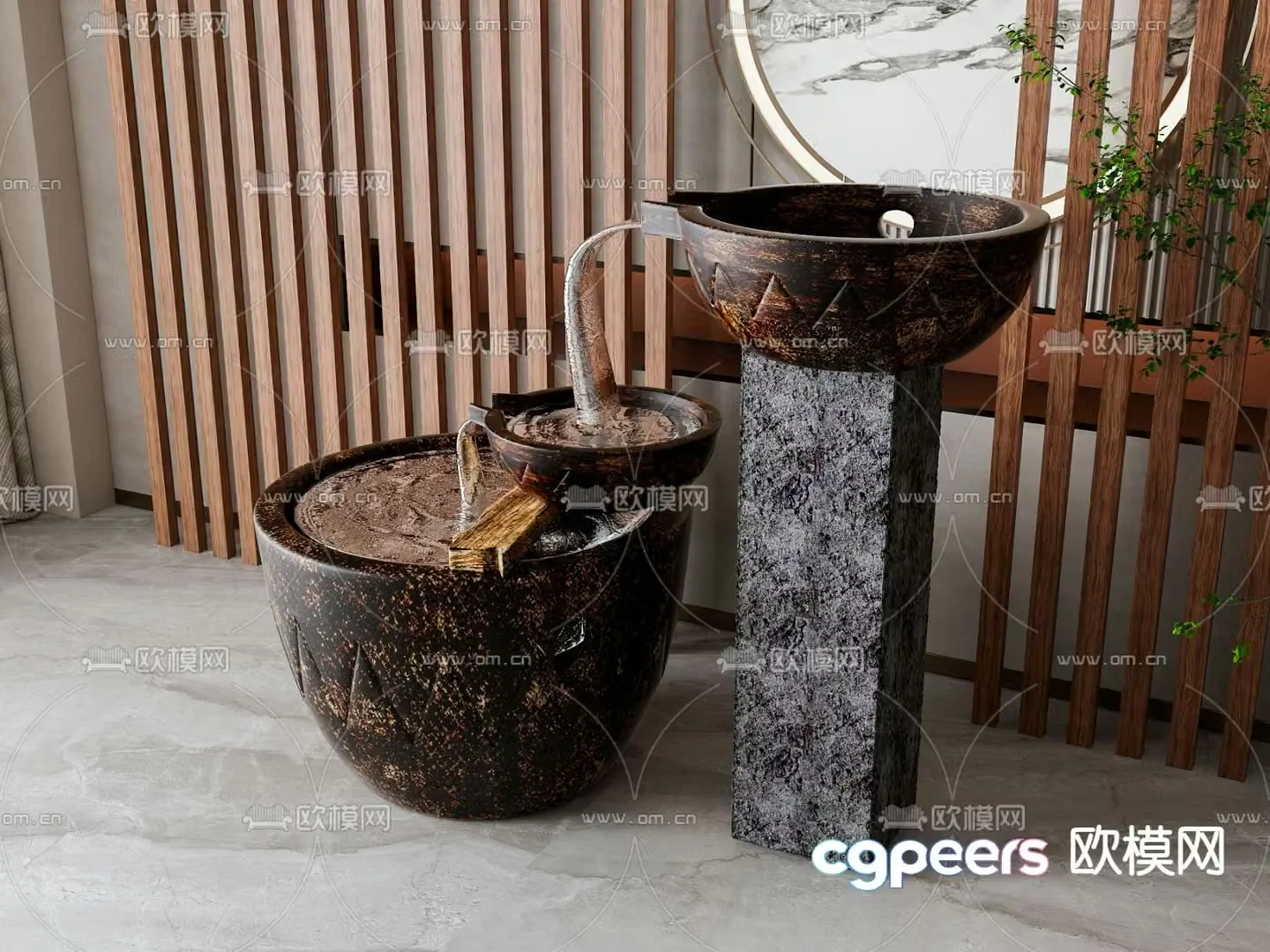 New Chinese style jar water flow device courtyard sketch 3D model