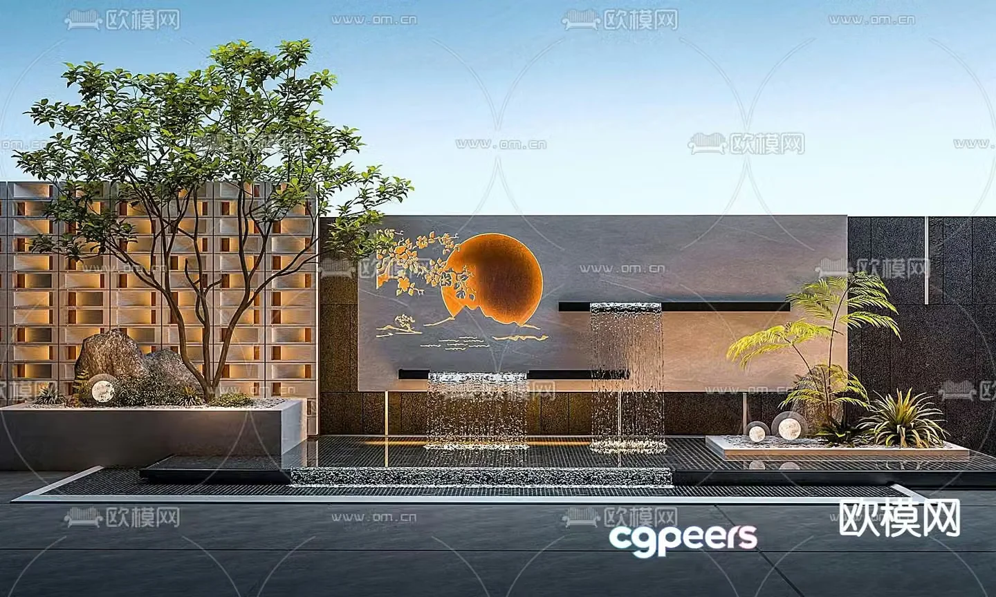 Courtyard landscape stacked water feature wall 3D model