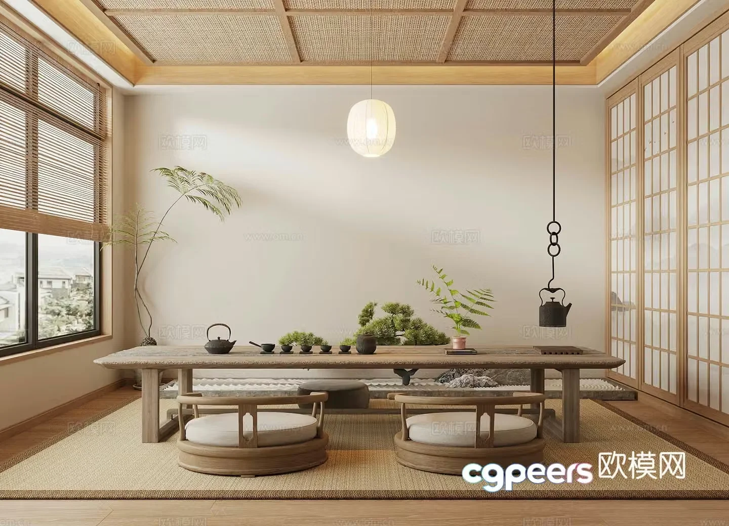 Middle-aged tea room tea tasting area Japanese tea room tatami tea room tatami tea table and chair teapot 3D model
