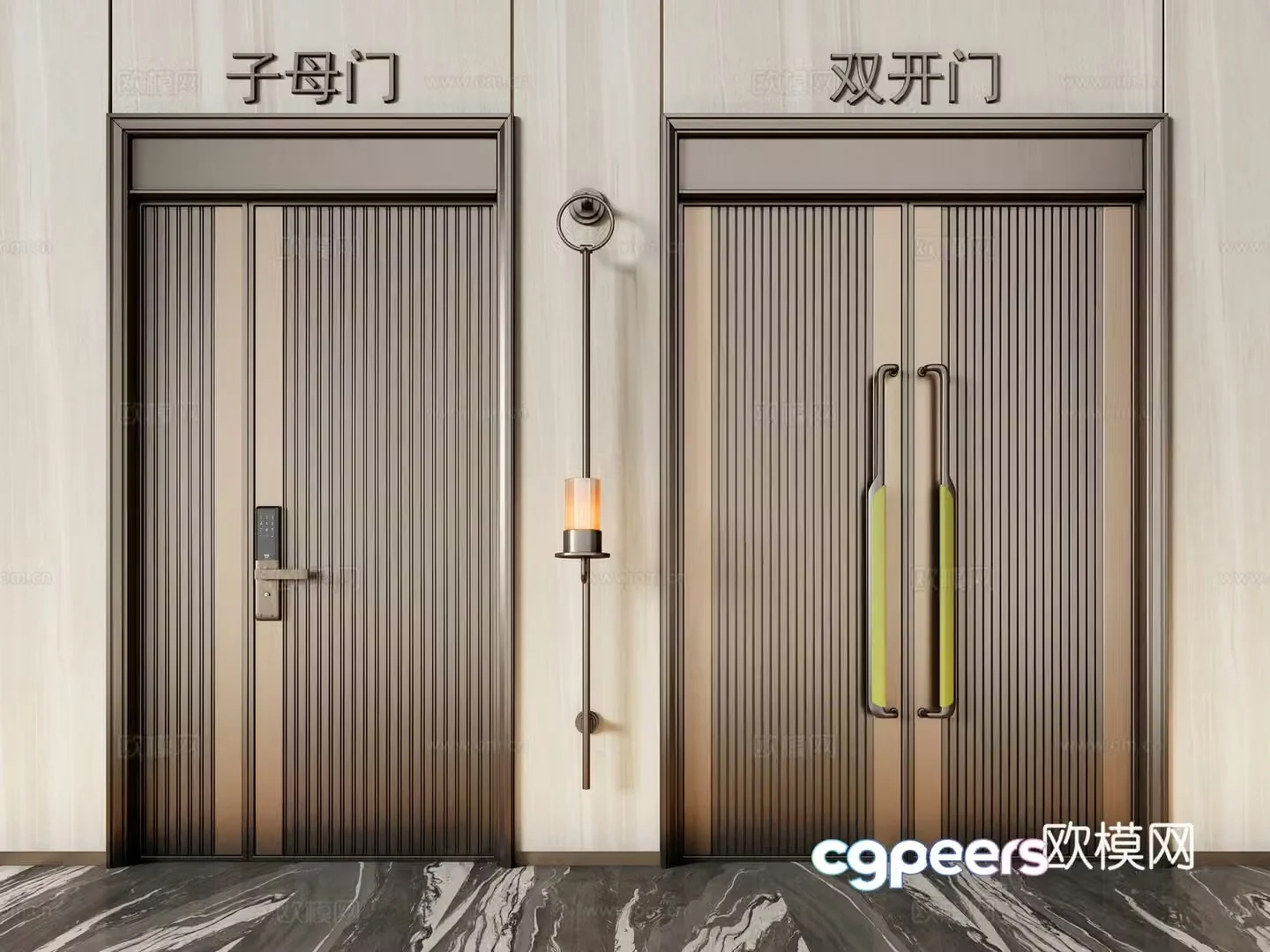 Modern double-opening door mother-child door copper door entrance door villa door 3d model