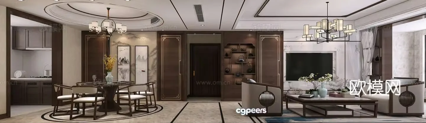 New Chinese style living and dining room chandeliers partition kitchen 3D model