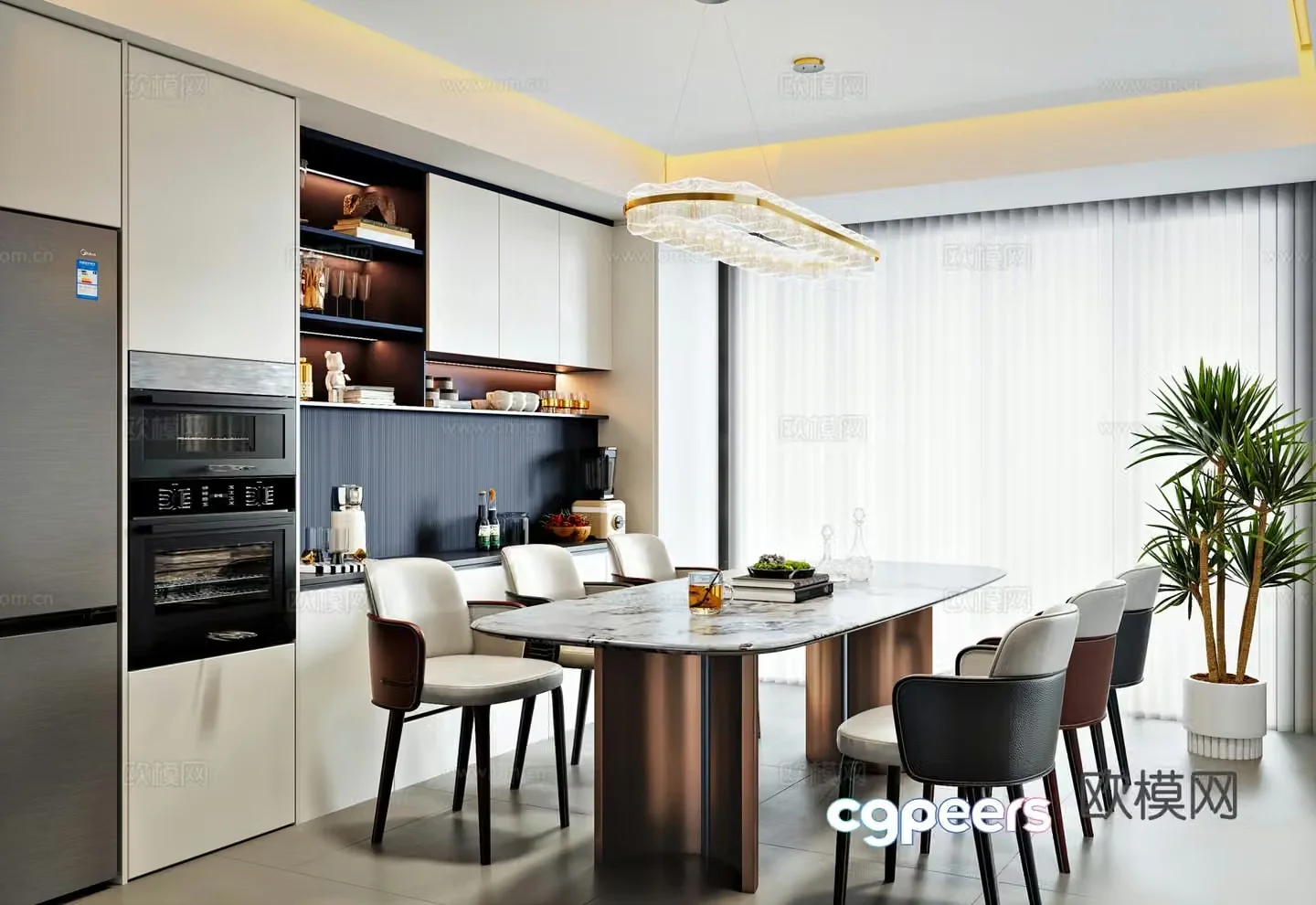 Modern minimalist restaurant sideboard refrigerator cabinet chandeliers dining table and chair combination 3D model