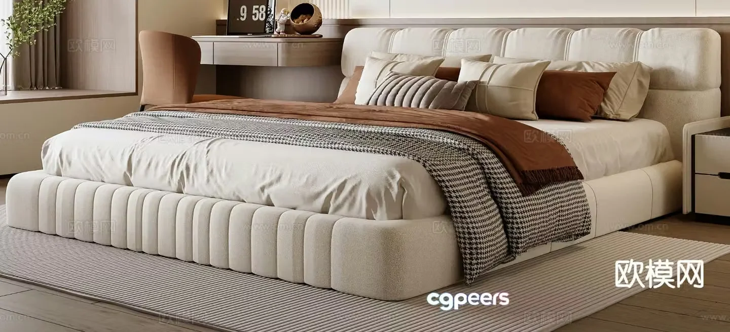 Cream style double bed 3d model