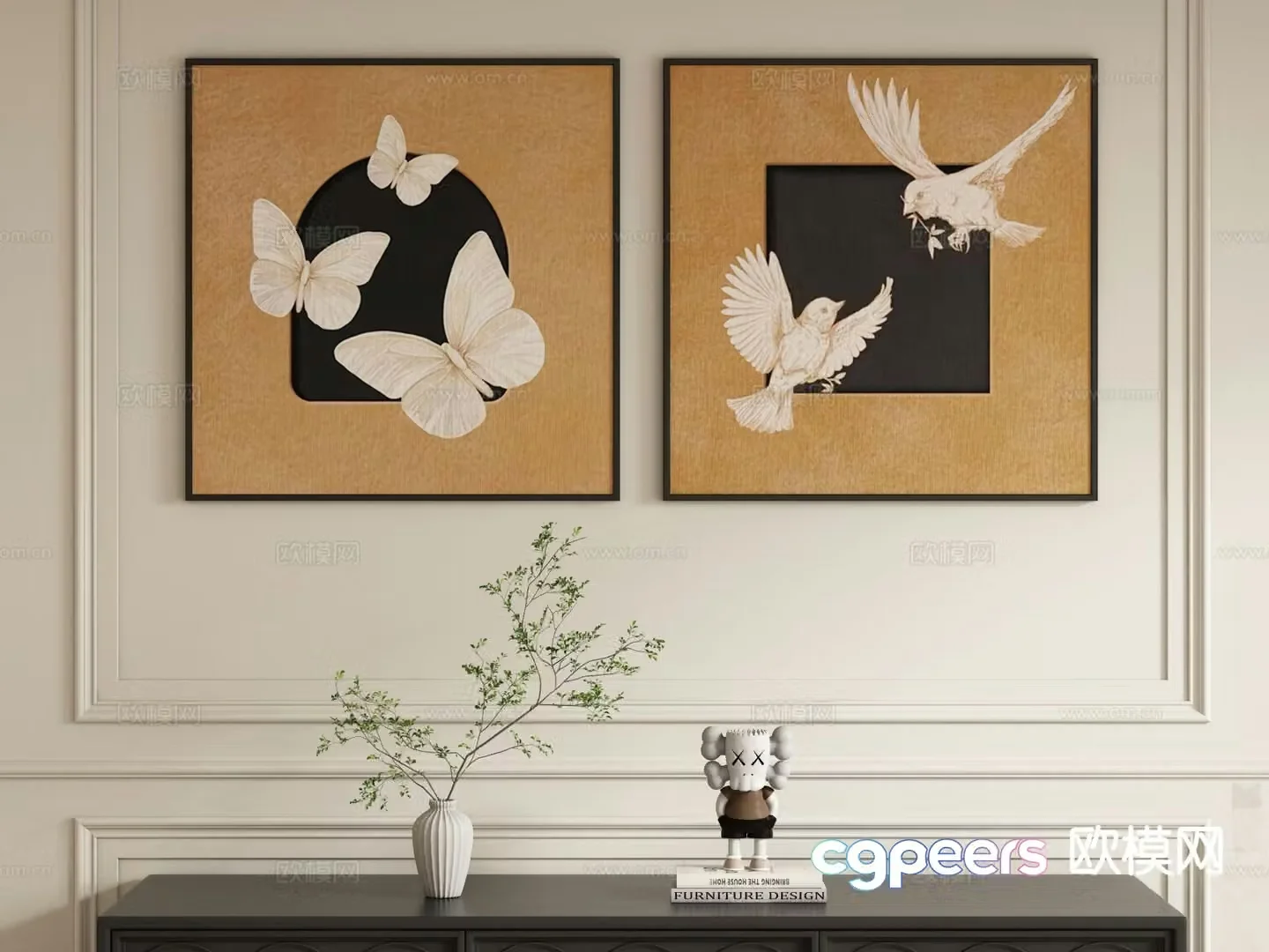 Medieval style retro painting butterfly decorative painting 3d model