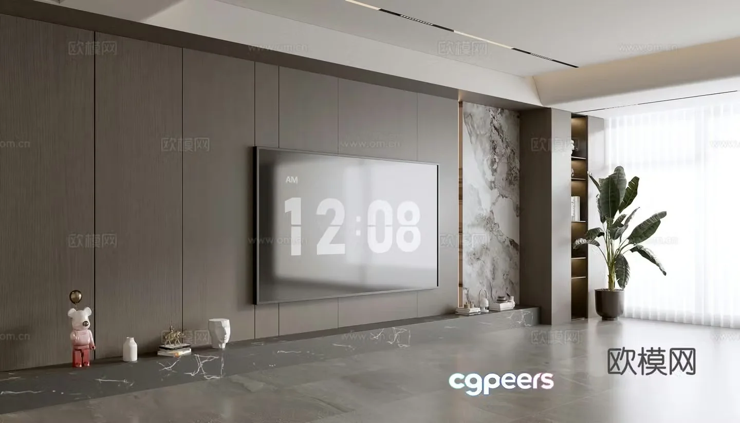 Modern Italian living room wooden veneer TV background wall full wall marble background wall 3d model