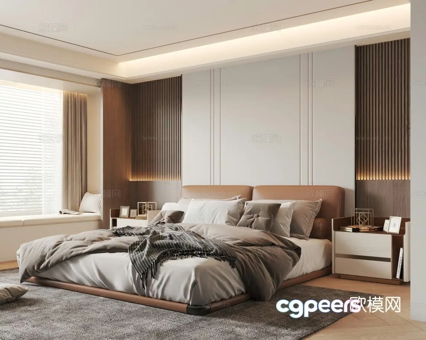 Modern creamy bedroom master light-free bedroom leather double bed master bedroom bay window bedroom bedside 3D model