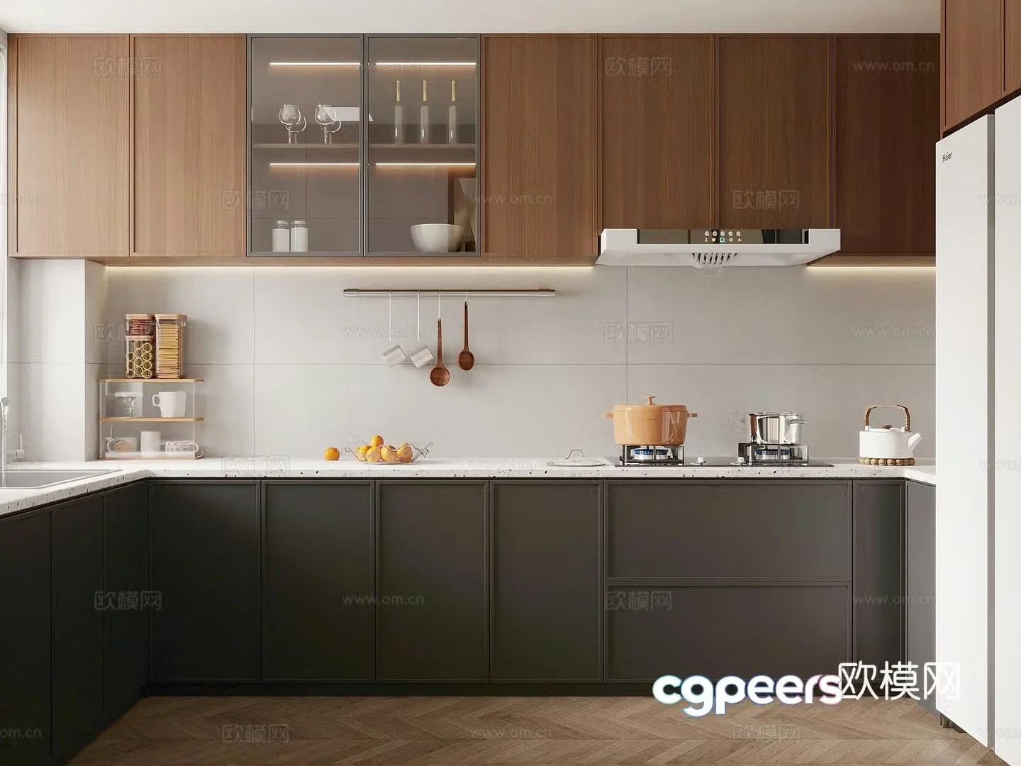 Middle-aged kitchen cabinets kitchen utensils refrigerator stove stove 3D model