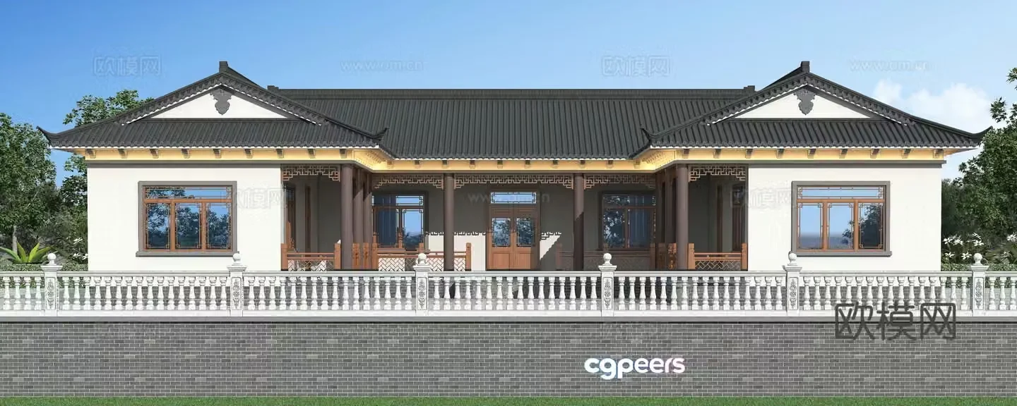 Chinese style new Chinese style single-family villa one-story self-built house 3D model