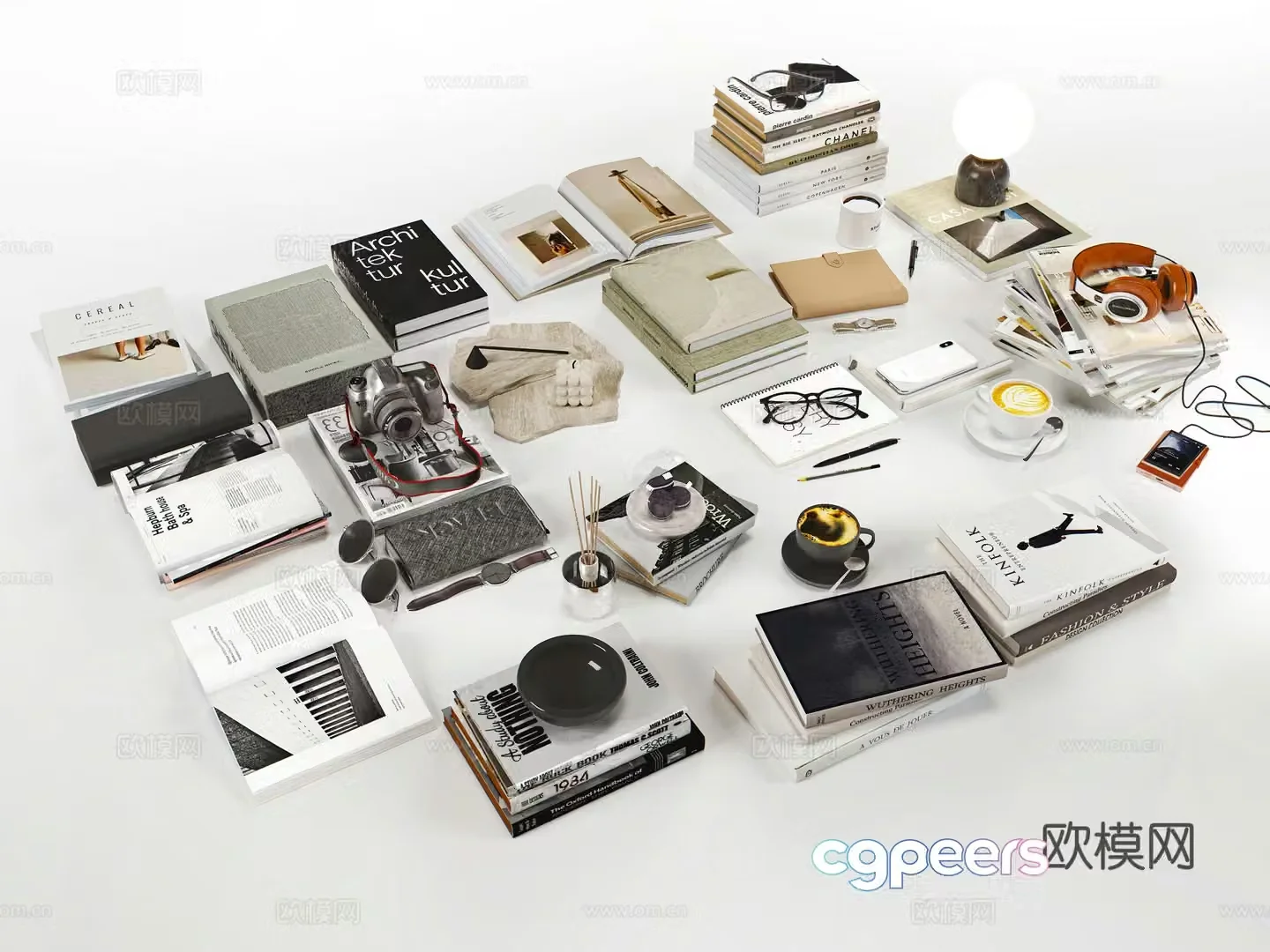 Modern style book combination Jewelry ornaments Camera Headphones Glasses Table lamp 3D model