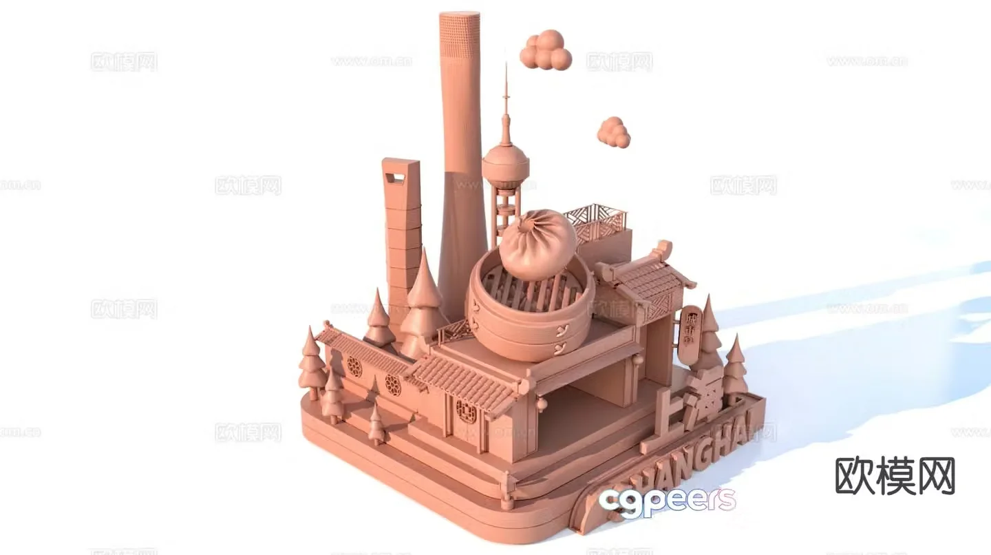 3D model of characteristic urban ancient buildings and scenic sculptures