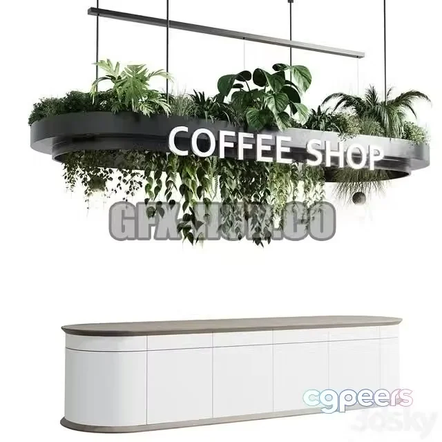 3ds Max Free – Coffee shop reception, Restaurant counter by hanging plant – 01