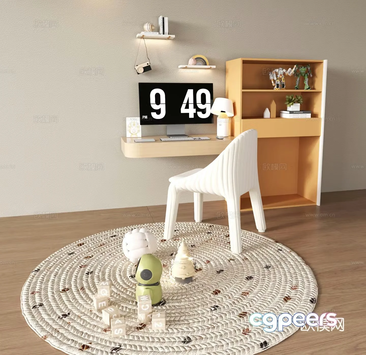 Modern children’s desk and chair combination bookcase decorative cabinet study table carpet decoration 3d model