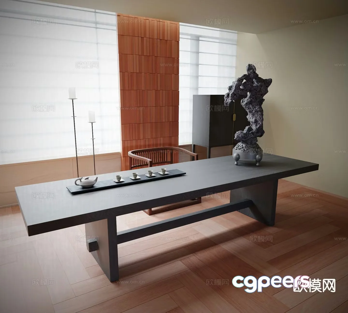 Modern tea table and chairs tea set Taihu stone 3d model