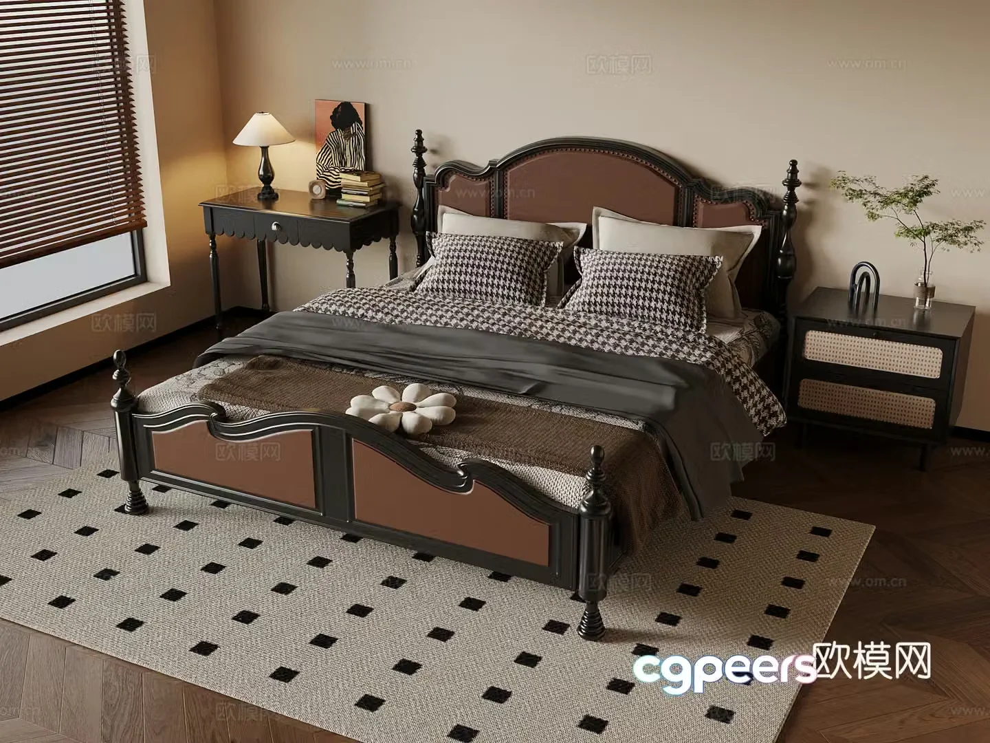 French double bed nightstand desk 3d model