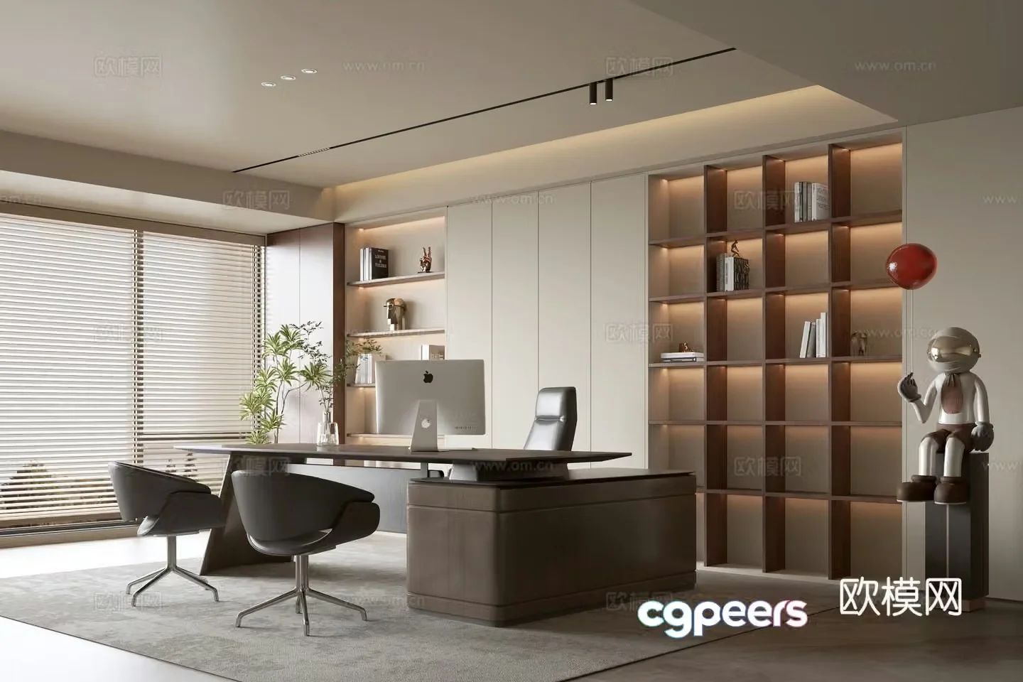 Middle style office background wall bookcase office bookcase bookcase background wall solid wood desk 3d model