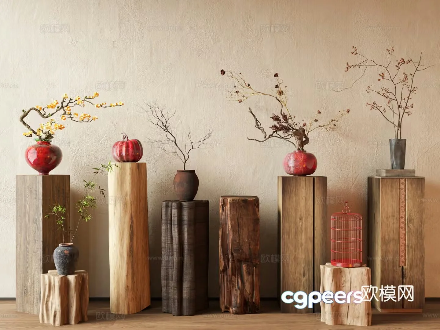 Wabi-Vacuum Flower Art Column Old Wood Column Vase Flower Art Clay pot Vase Flower Pot Column 3D Model