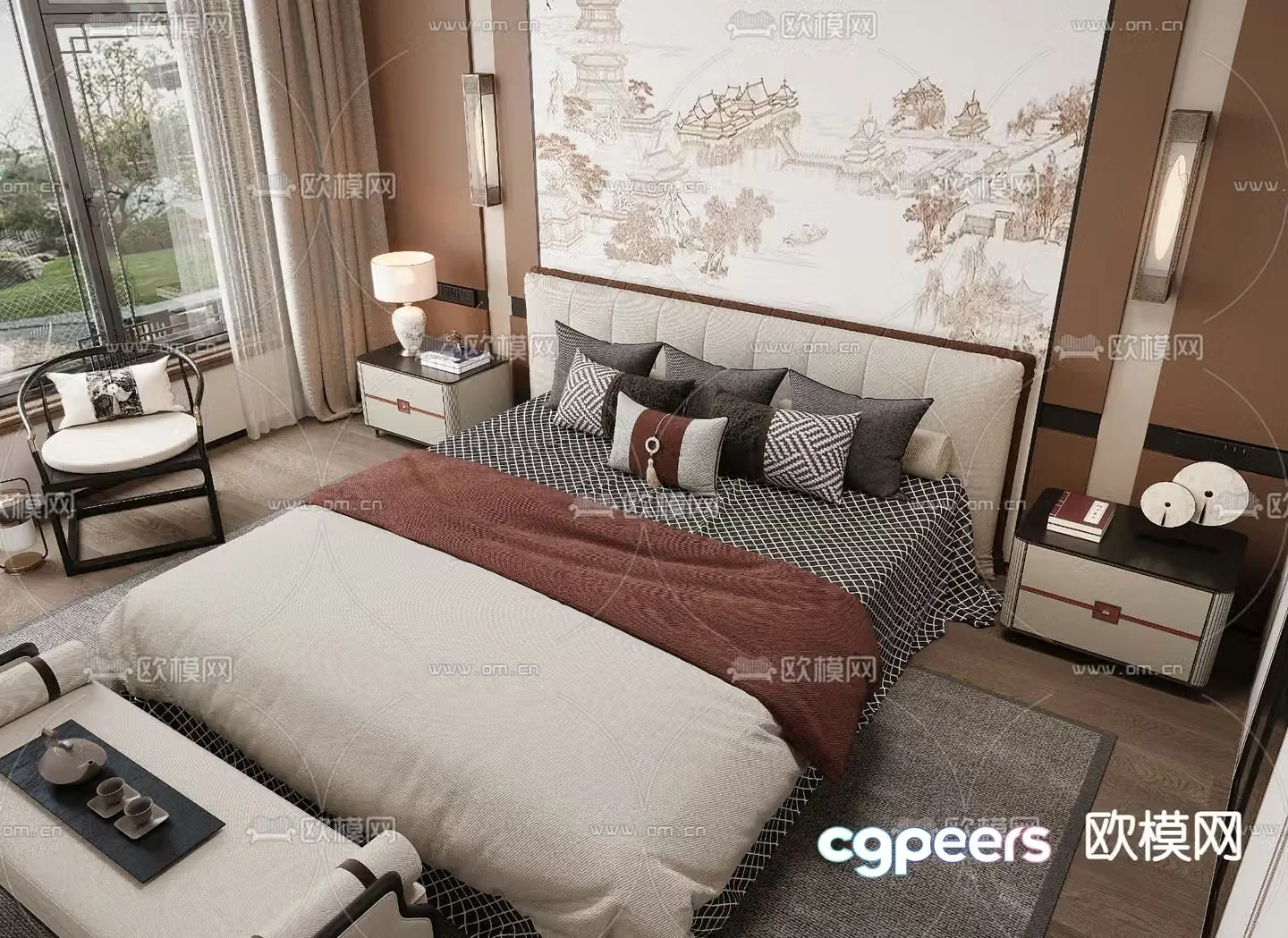 New Chinese style double bed 3d model