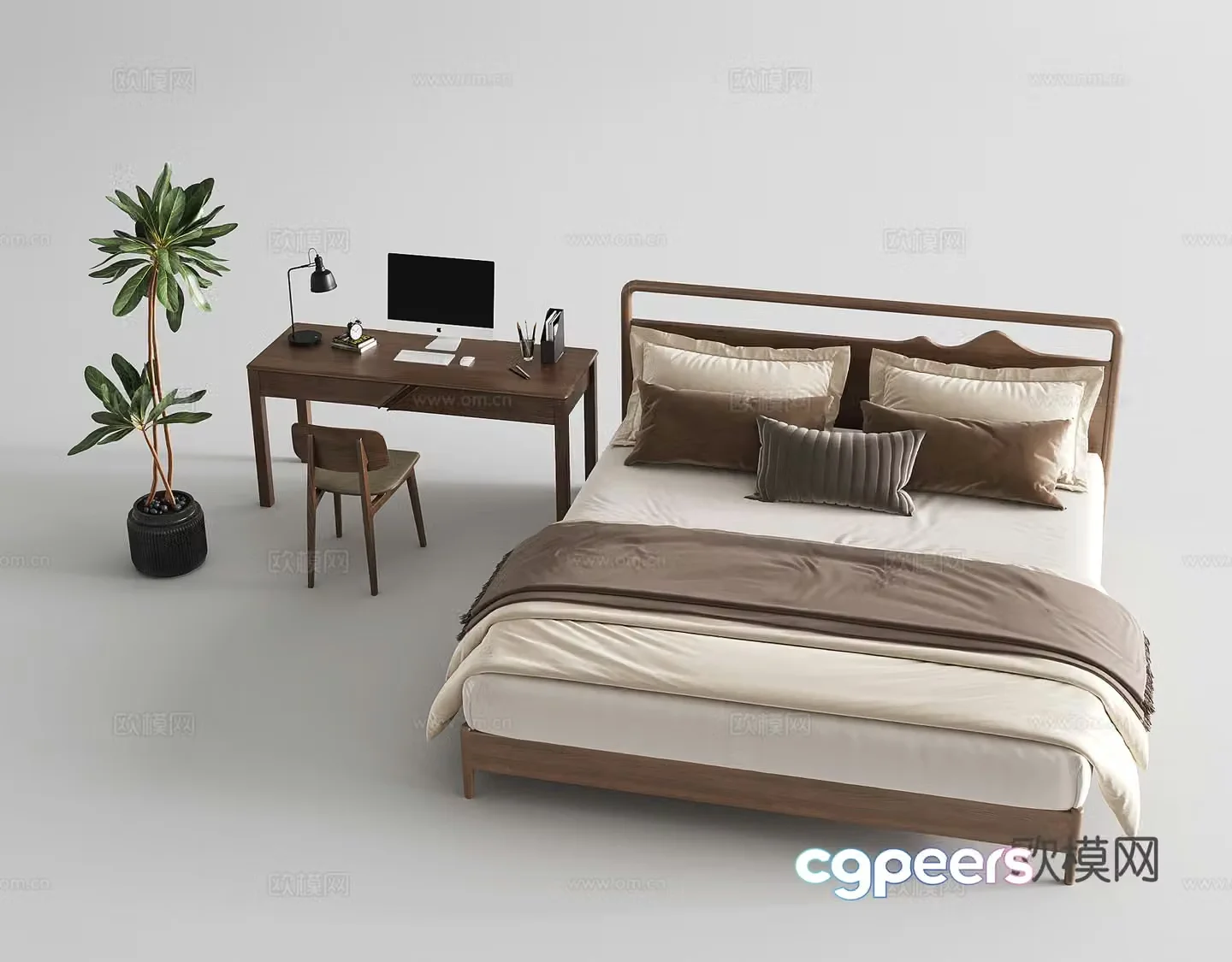 Middle style bed study desk desk bonsai 3d model