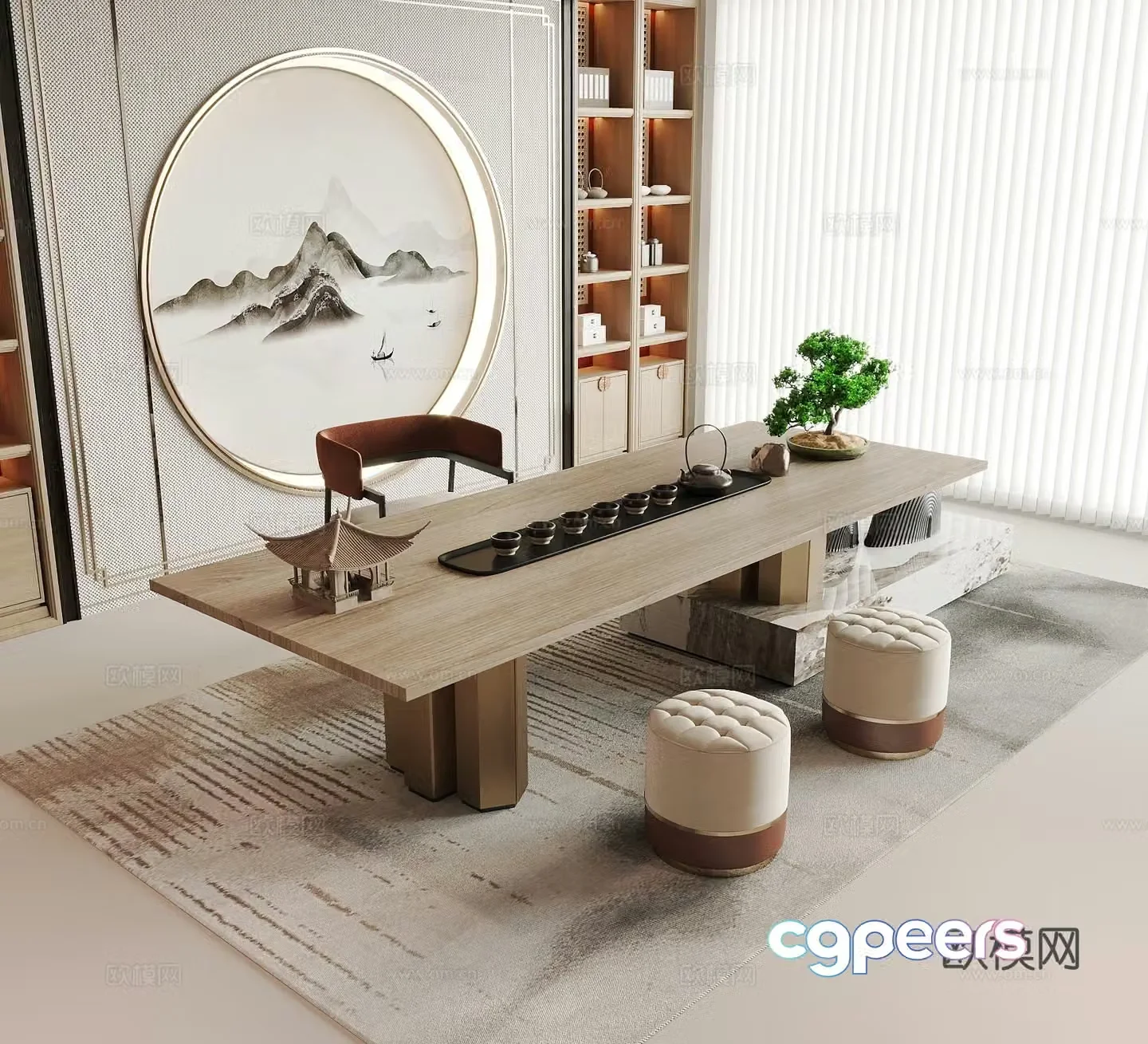 New Chinese style tea table and chairs background wall tea cabinet tea set tea room sofa stool 3D model