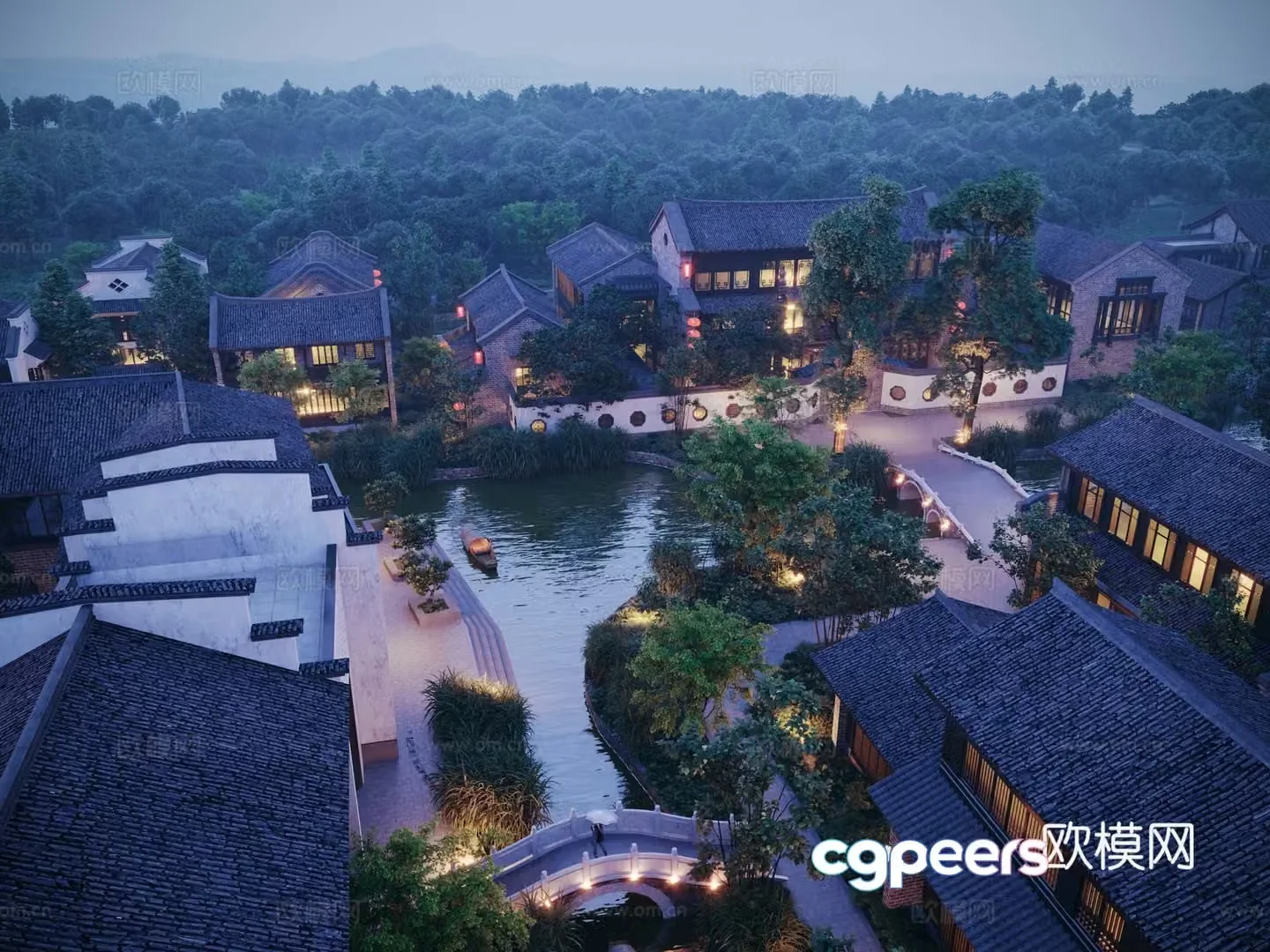 Aerial view 3D model of new Chinese style resort