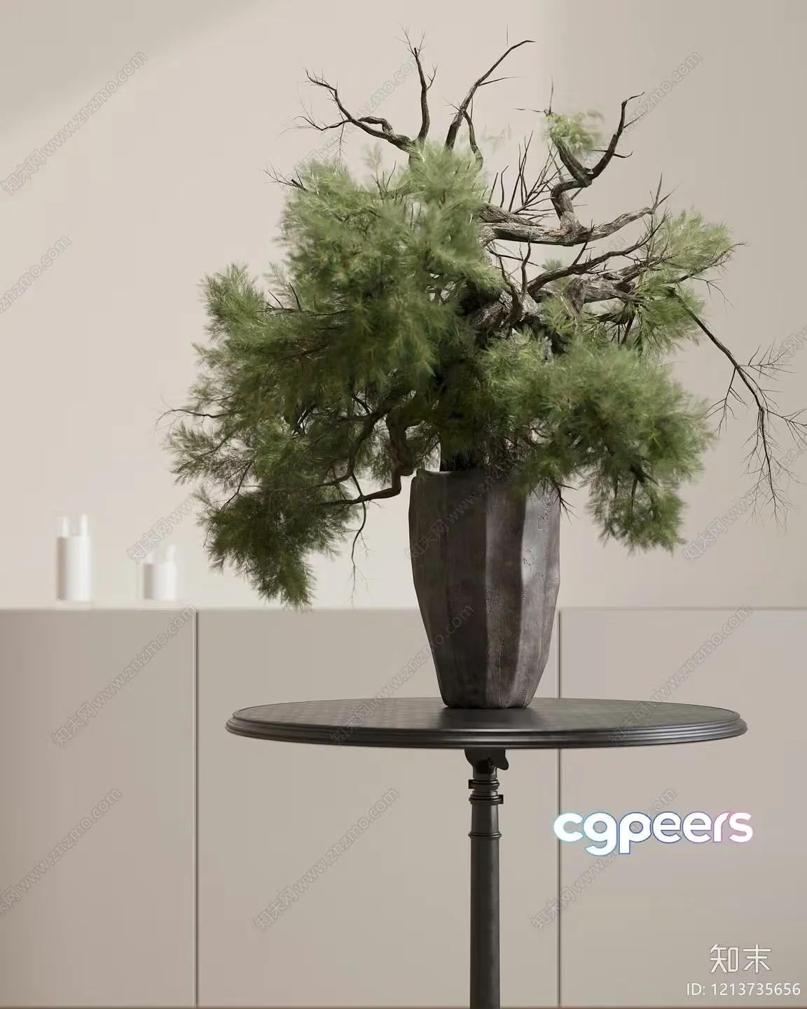 A Vase With A Pine Branch On A Table 3D Model – 7910 – VRAY Render