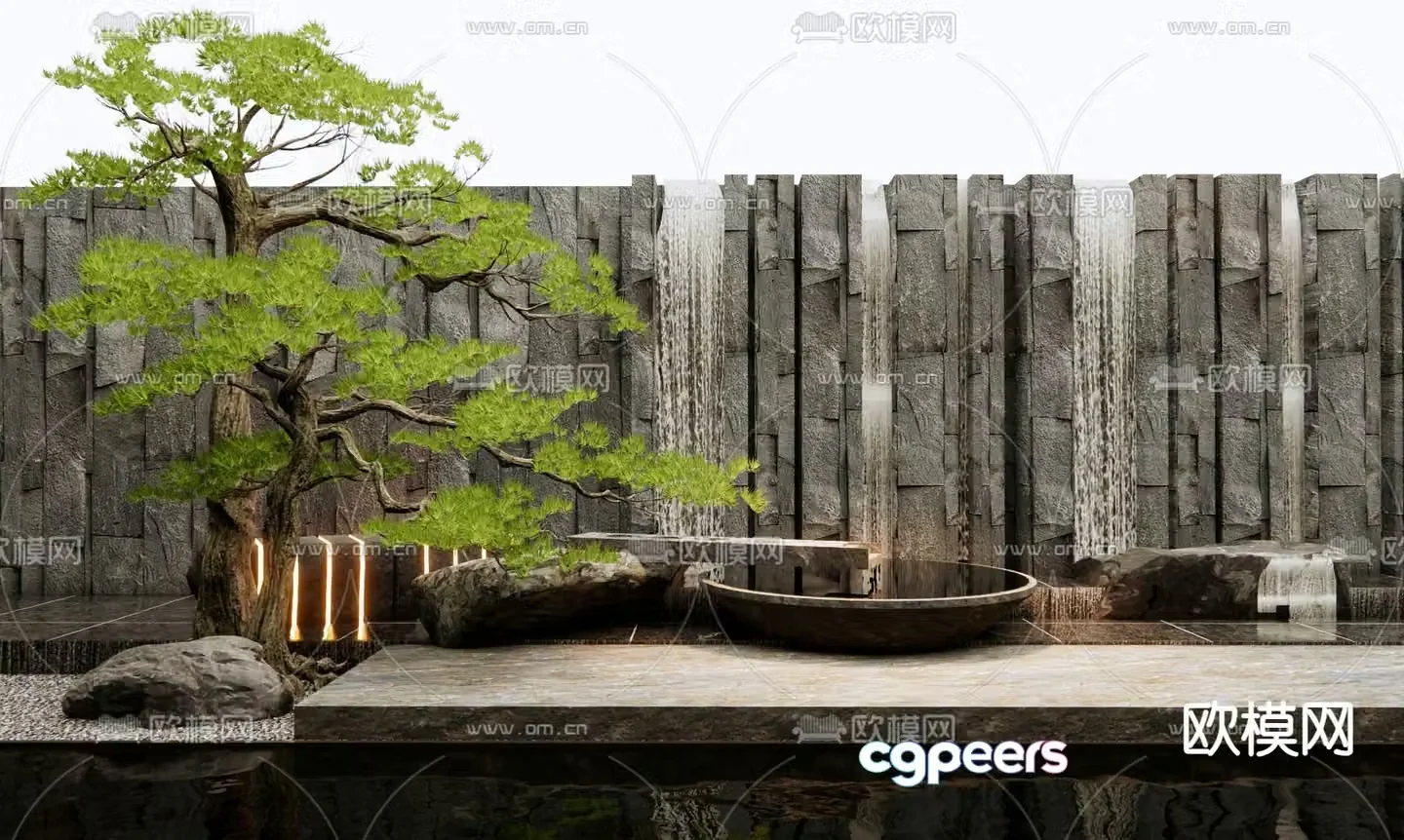 New Chinese style water feature wall water bowl rough stone falling water feature wall 3D model