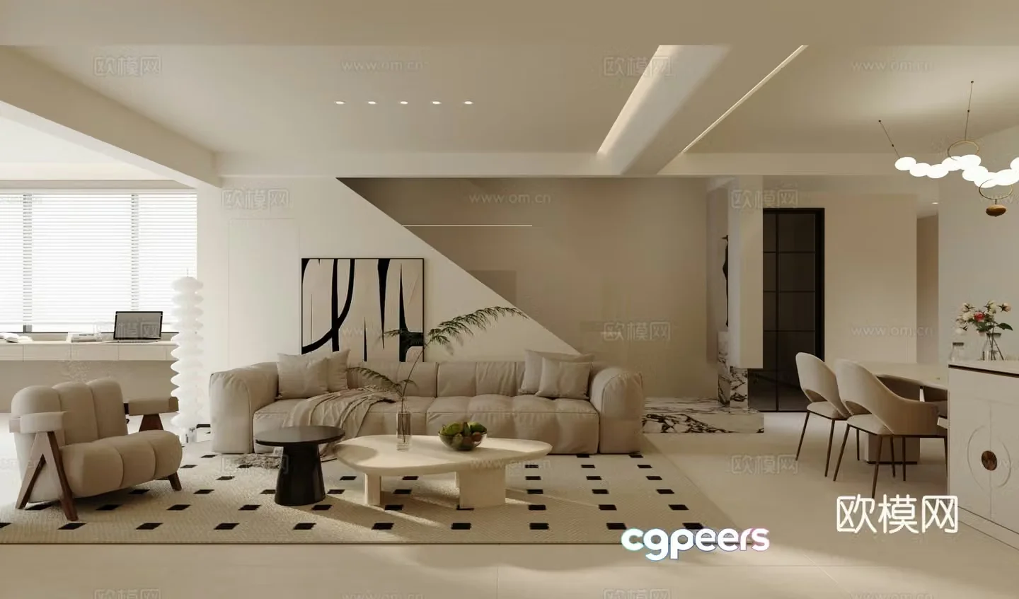 Modern Cream Style Restaurant 3D Model