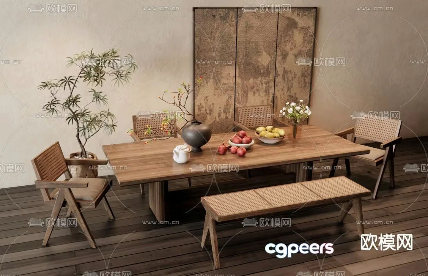 Medieval style dining table and chairs 3d model