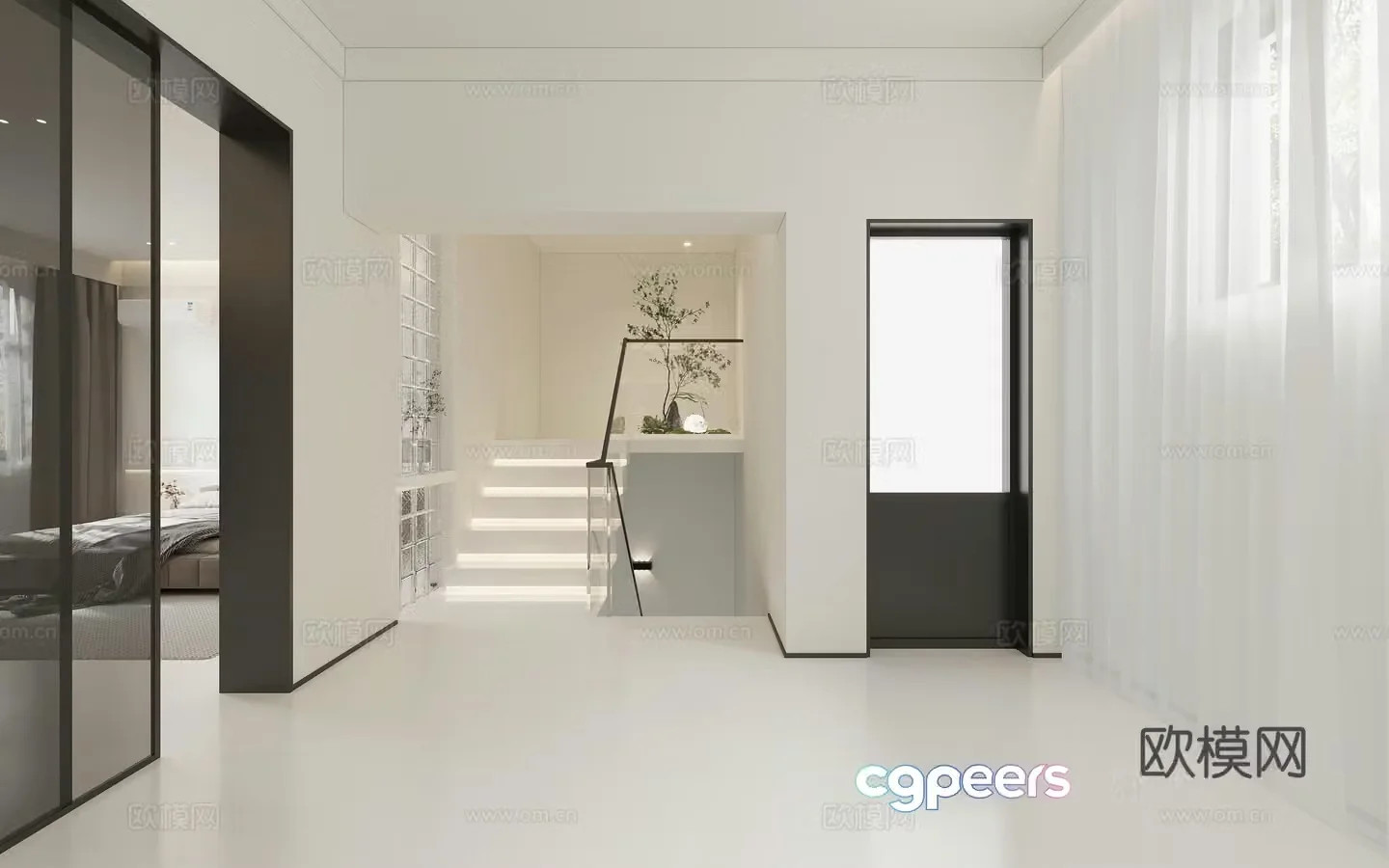 Modern stair landscape landscaping tofu block bed end view entrance staircase glass handrail 3d model