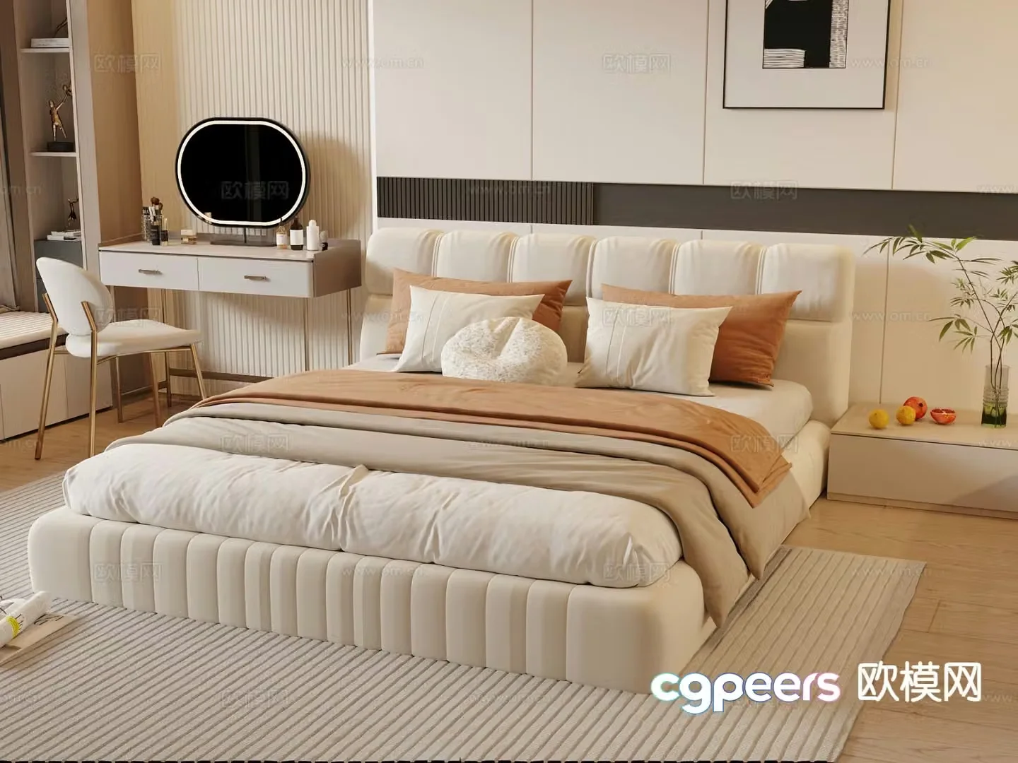 Cream style double bed 3d model