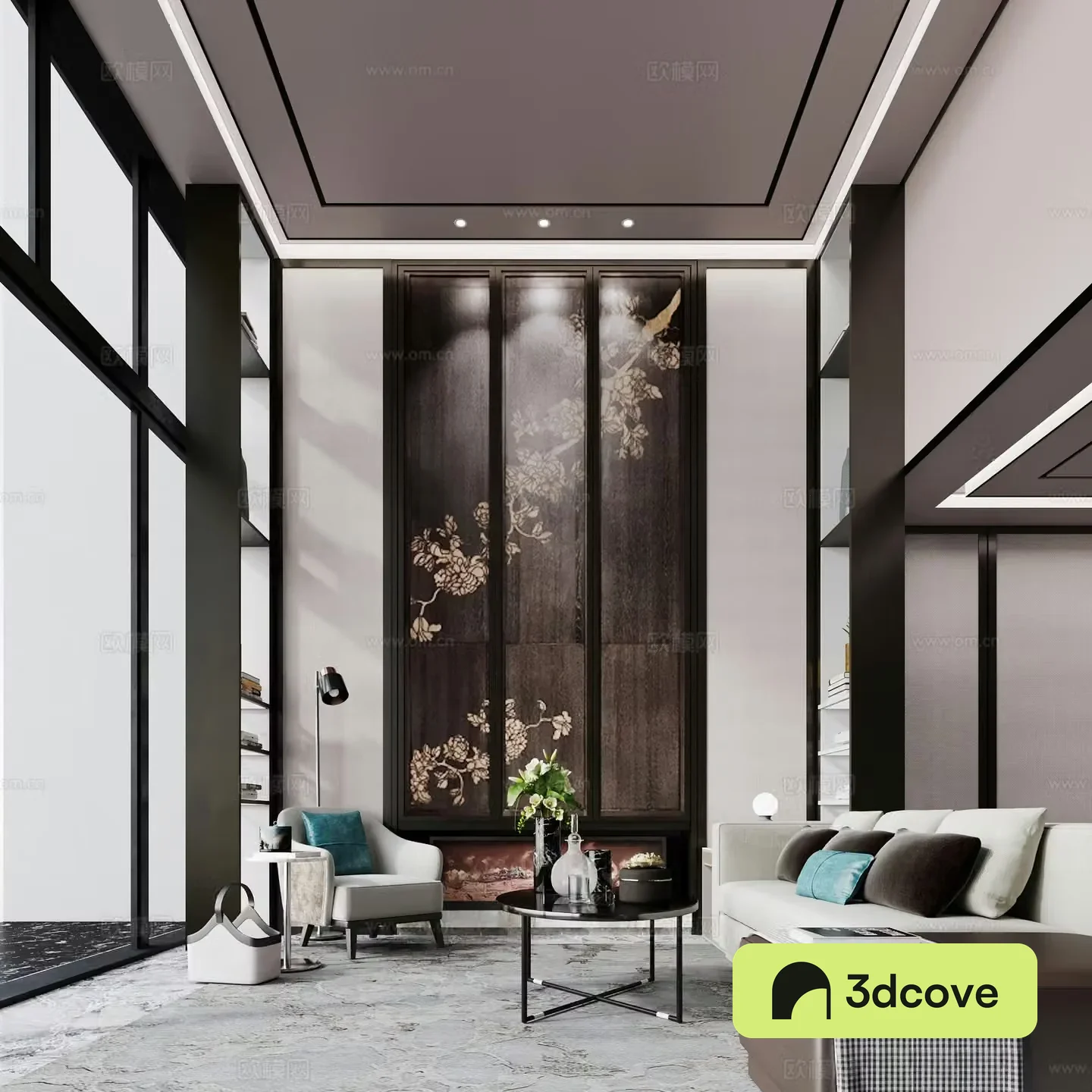 Villa new Chinese style living room sofa single chair coffee table TV background wall decoration flower and bird