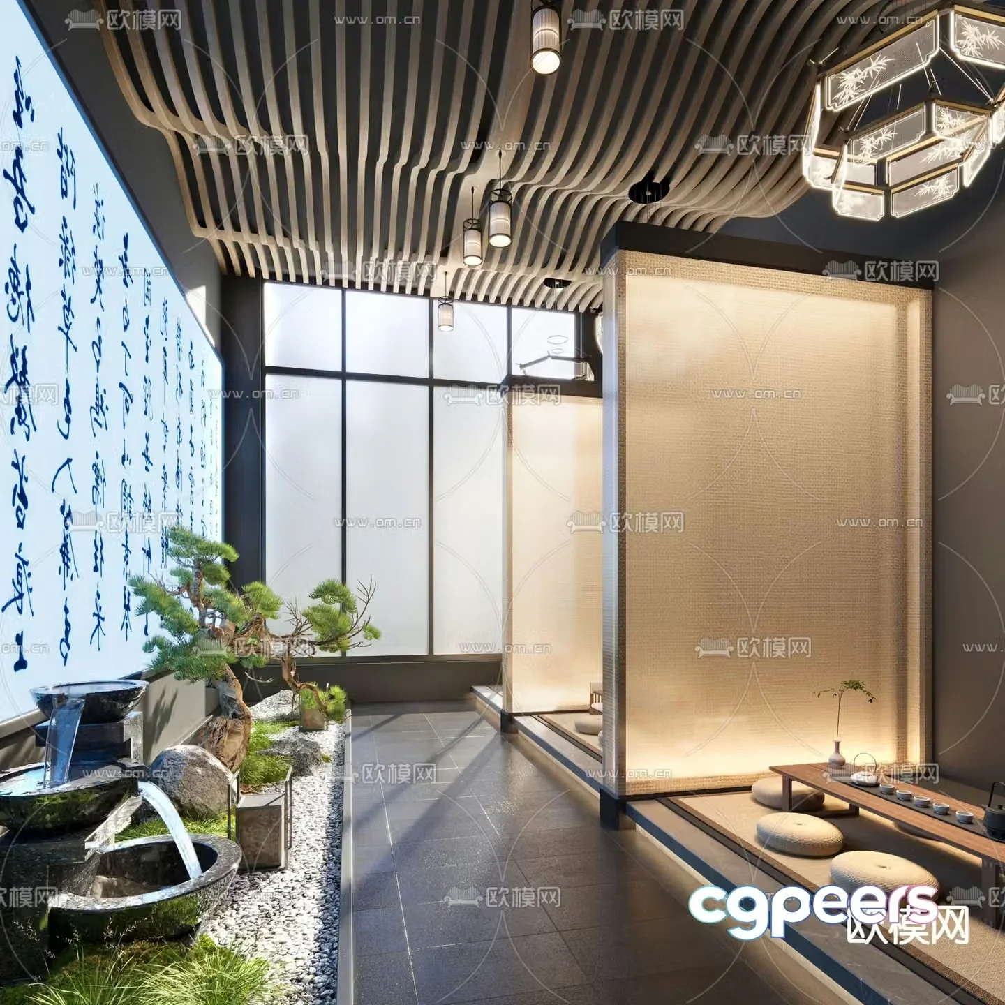 New Chinese style aisle interior landscape teahouse landscaping 3D model