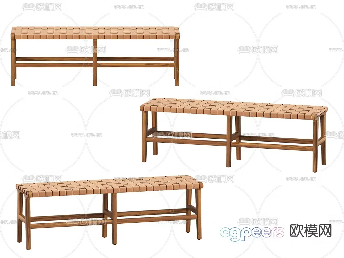 Rattan stool bench wooden stool 3d model
