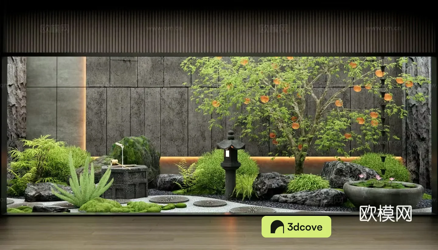New Chinese style sinking patio courtyard interior landscape dry landscape tingling persimmon tree