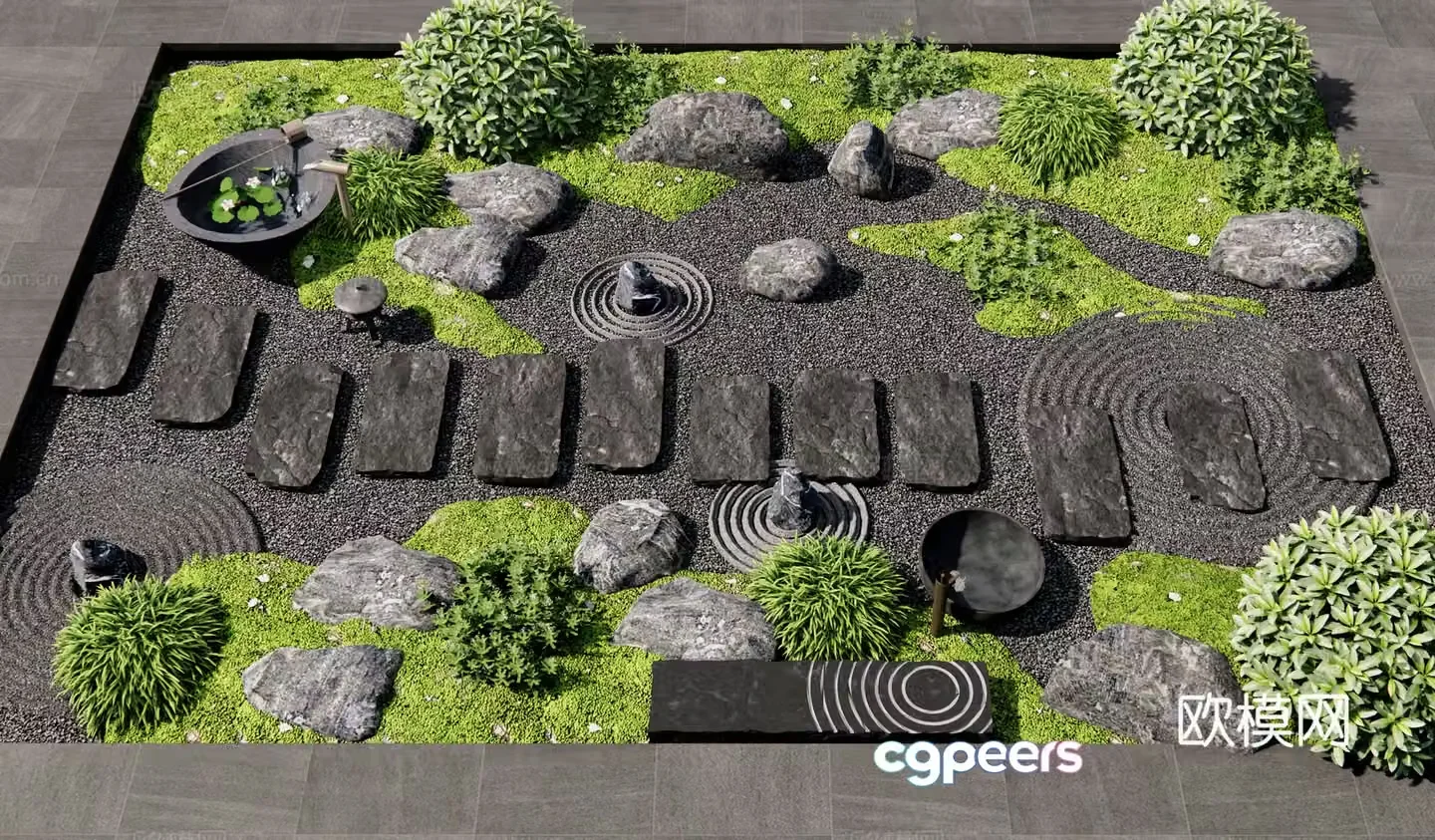 New Chinese micro-terrain tingstep moss landscape dry landscape 3D model
