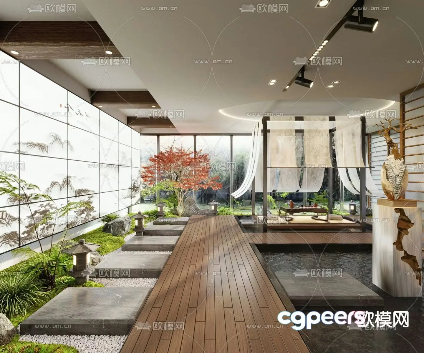 New Chinese style aisle interior landscape teahouse landscaping 3D model